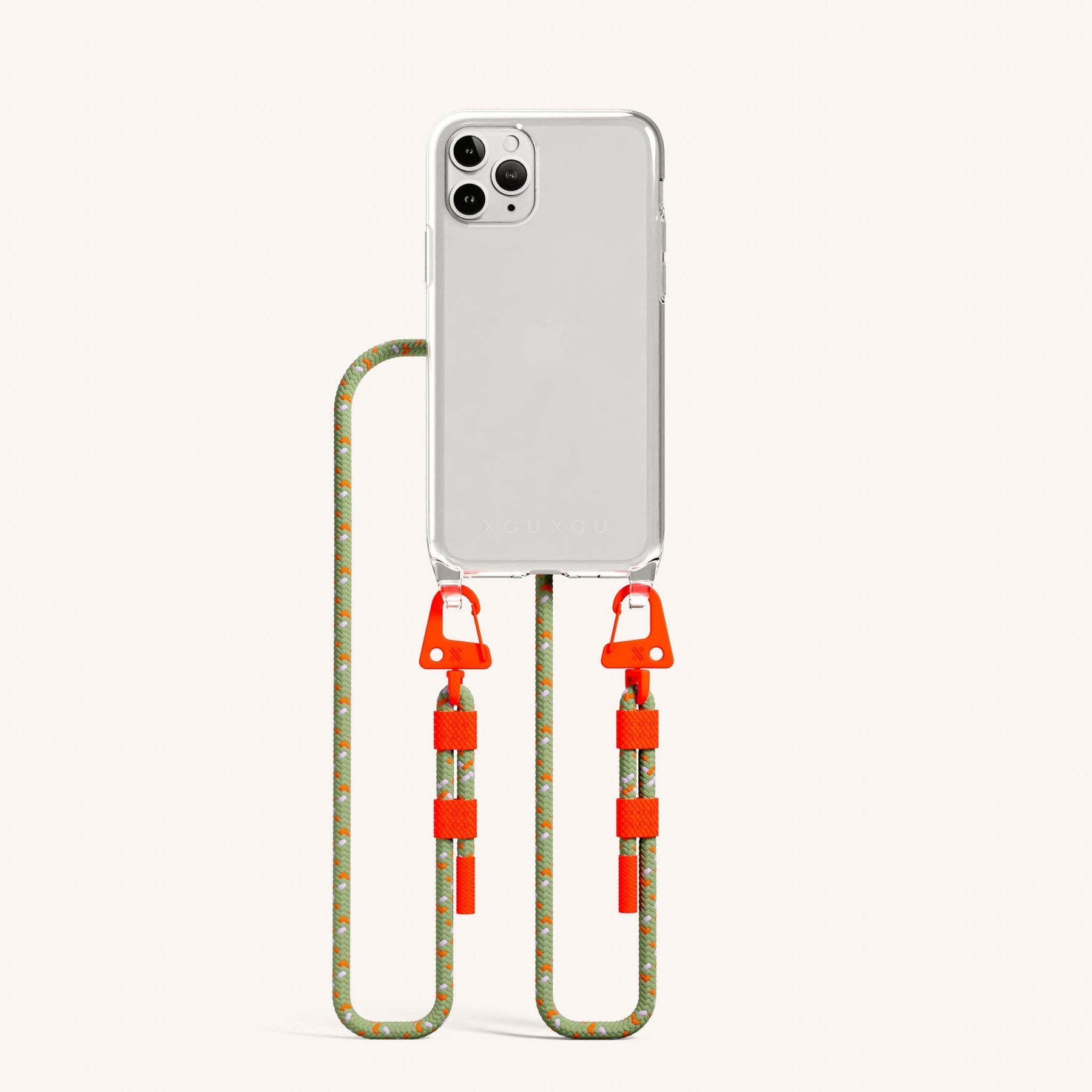 Phone Necklace with Carabiner Rope in Clear + Orange Camouflage
