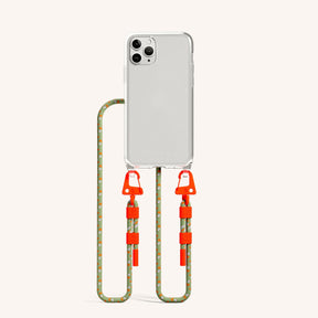 Phone Necklace with Carabiner Rope in Clear + Orange Camouflage