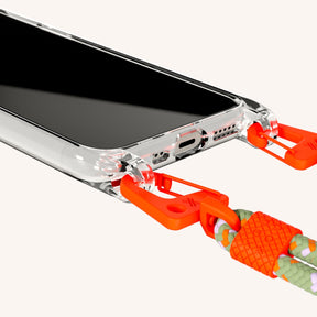 Phone Necklace with Carabiner Rope in Clear + Orange Camouflage