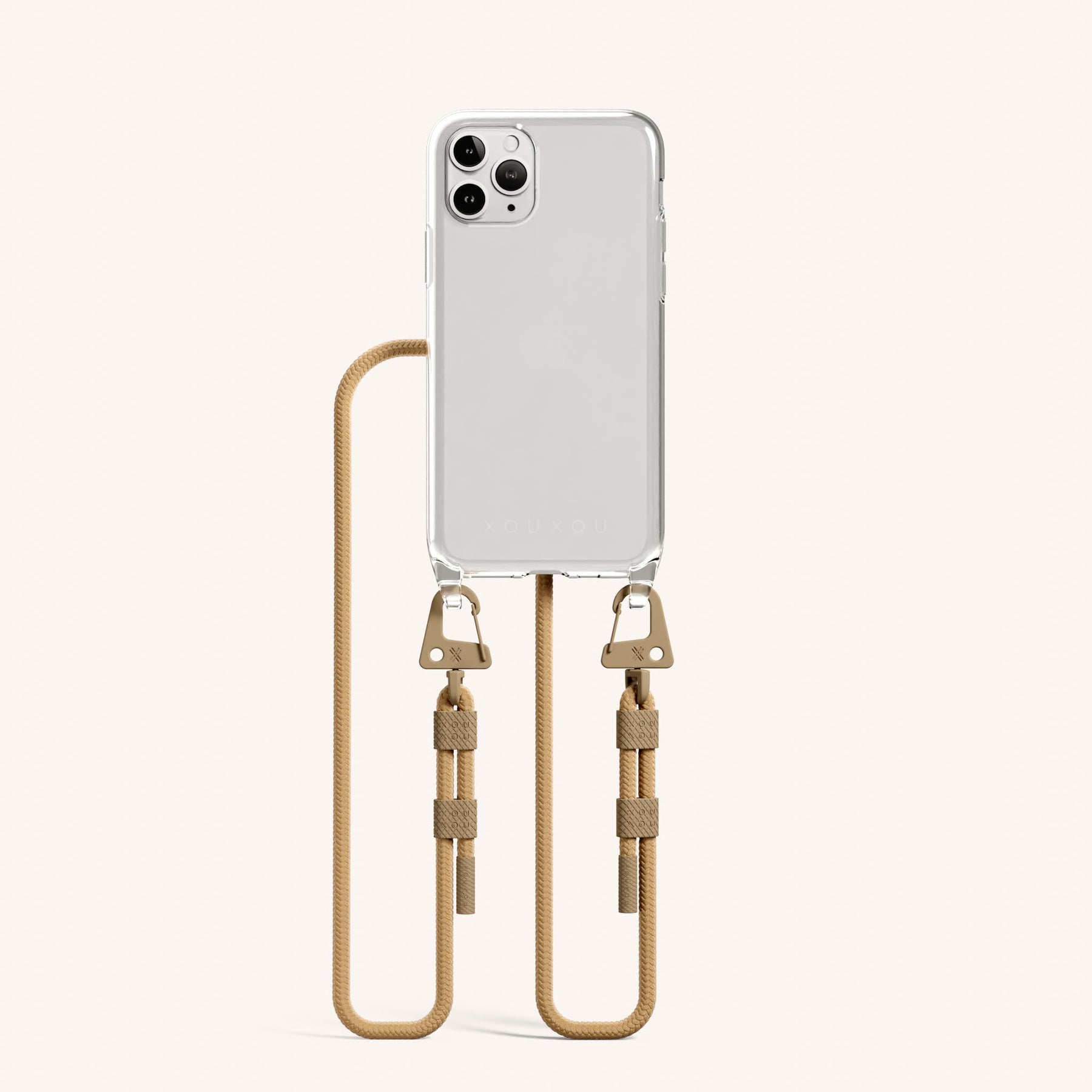 Phone Necklace with Carabiner Rope in Clear + Sand