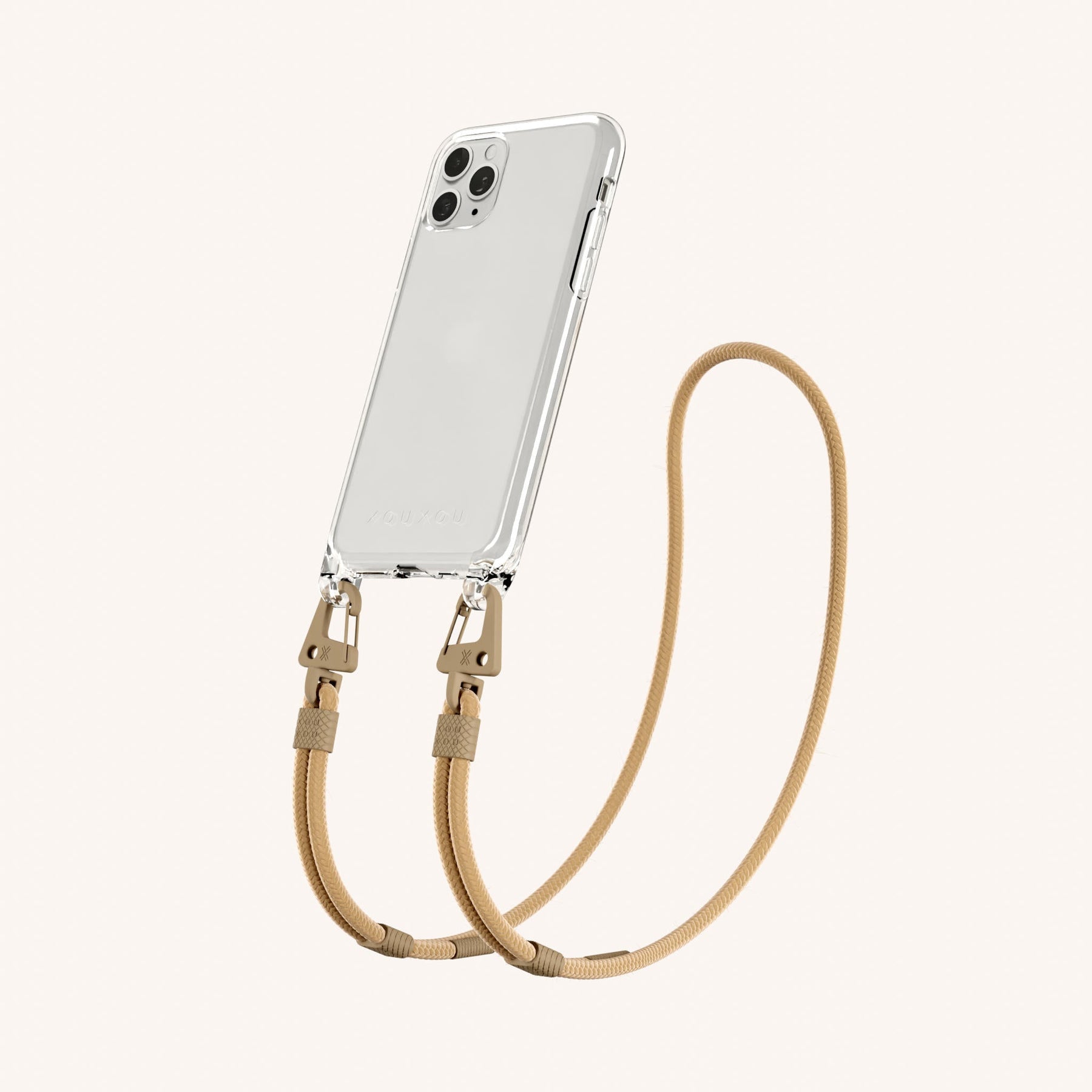 Phone Necklace with Carabiner Rope in Clear + Sand