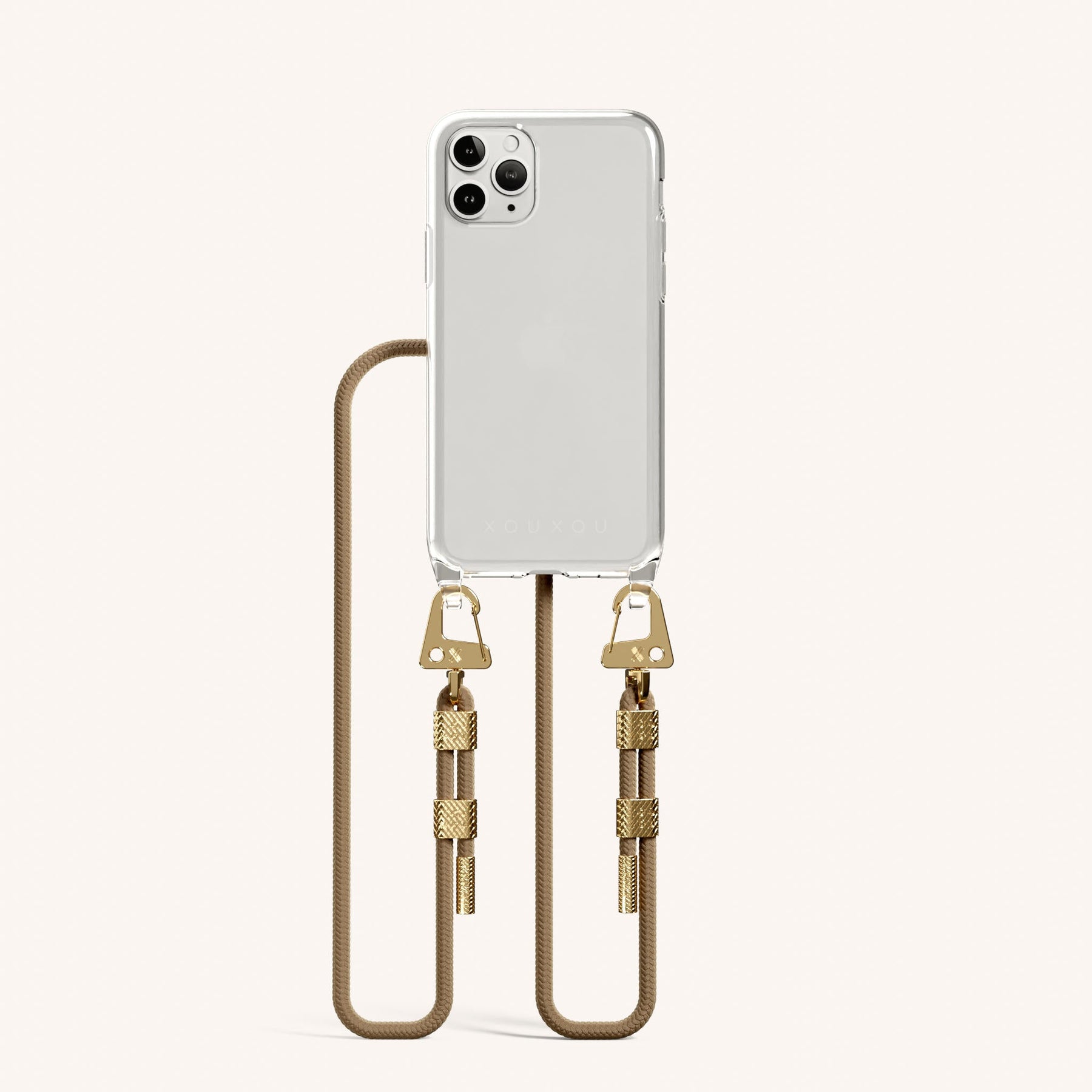 Phone Necklace with Carabiner Rope in Clear + Taupe