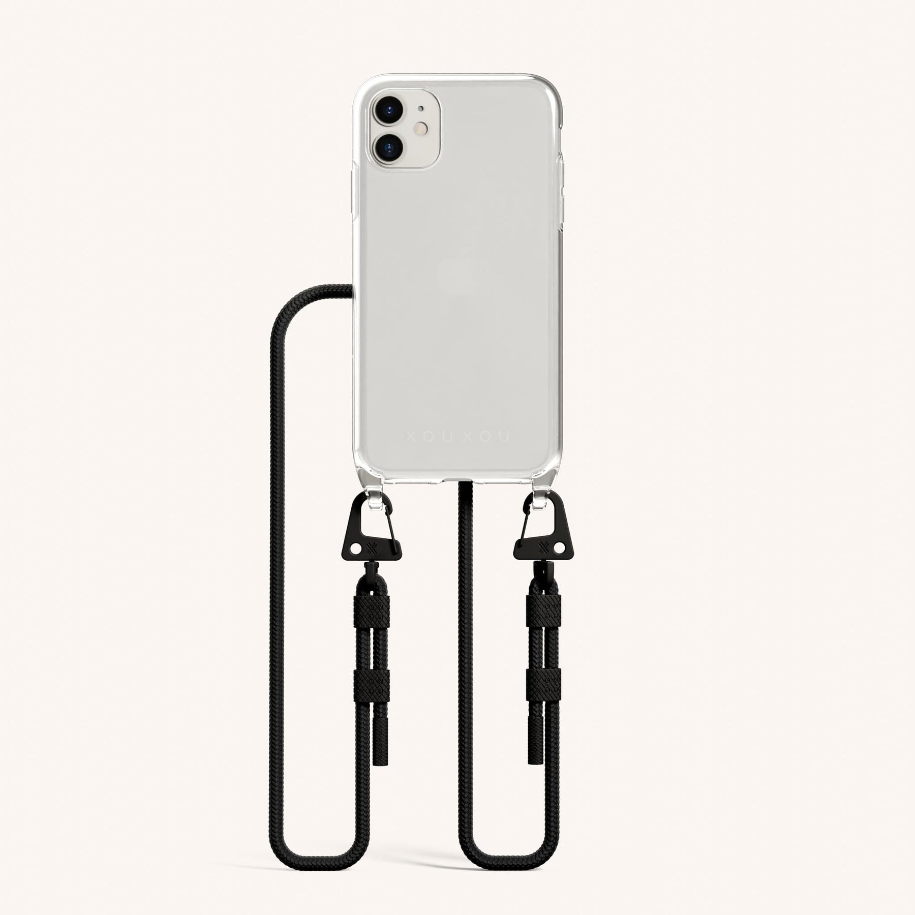 Phone Necklace with Carabiner Rope in Clear + Black