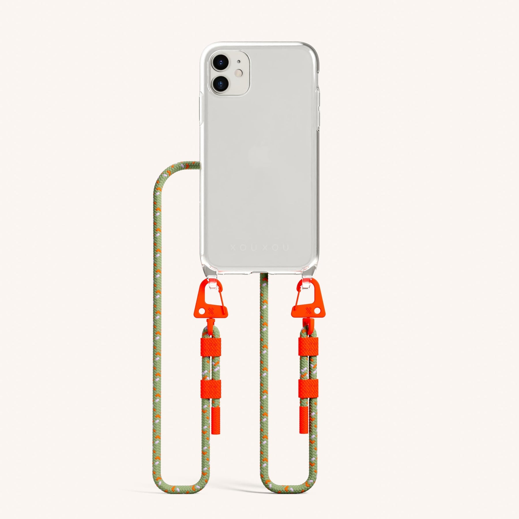 Phone Necklace with Carabiner Rope in Clear + Orange Camouflage