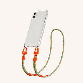 Phone Necklace with Carabiner Rope in Clear + Orange Camouflage