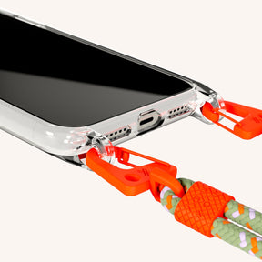 Phone Necklace with Carabiner Rope in Clear + Orange Camouflage