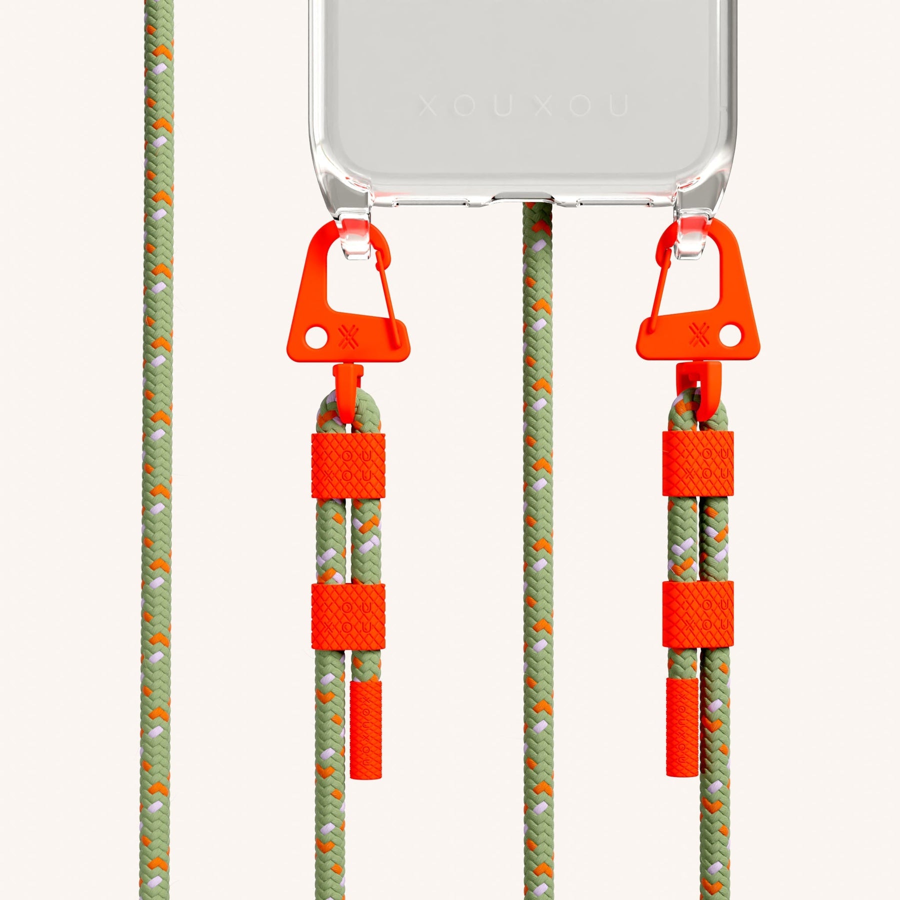 Phone Necklace with Carabiner Rope in Clear + Orange Camouflage