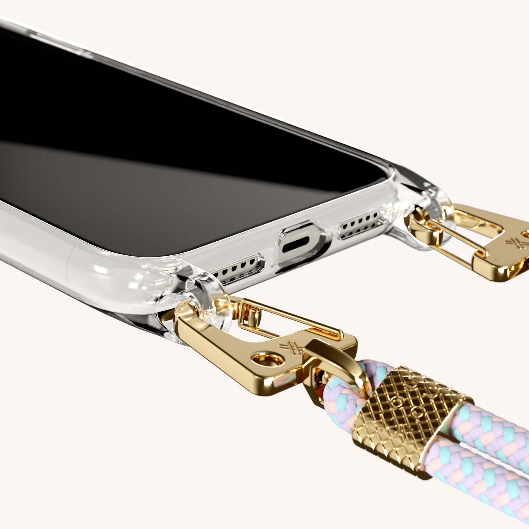 Phone Necklace with Carabiner Rope in Clear + Vibrant Pastel