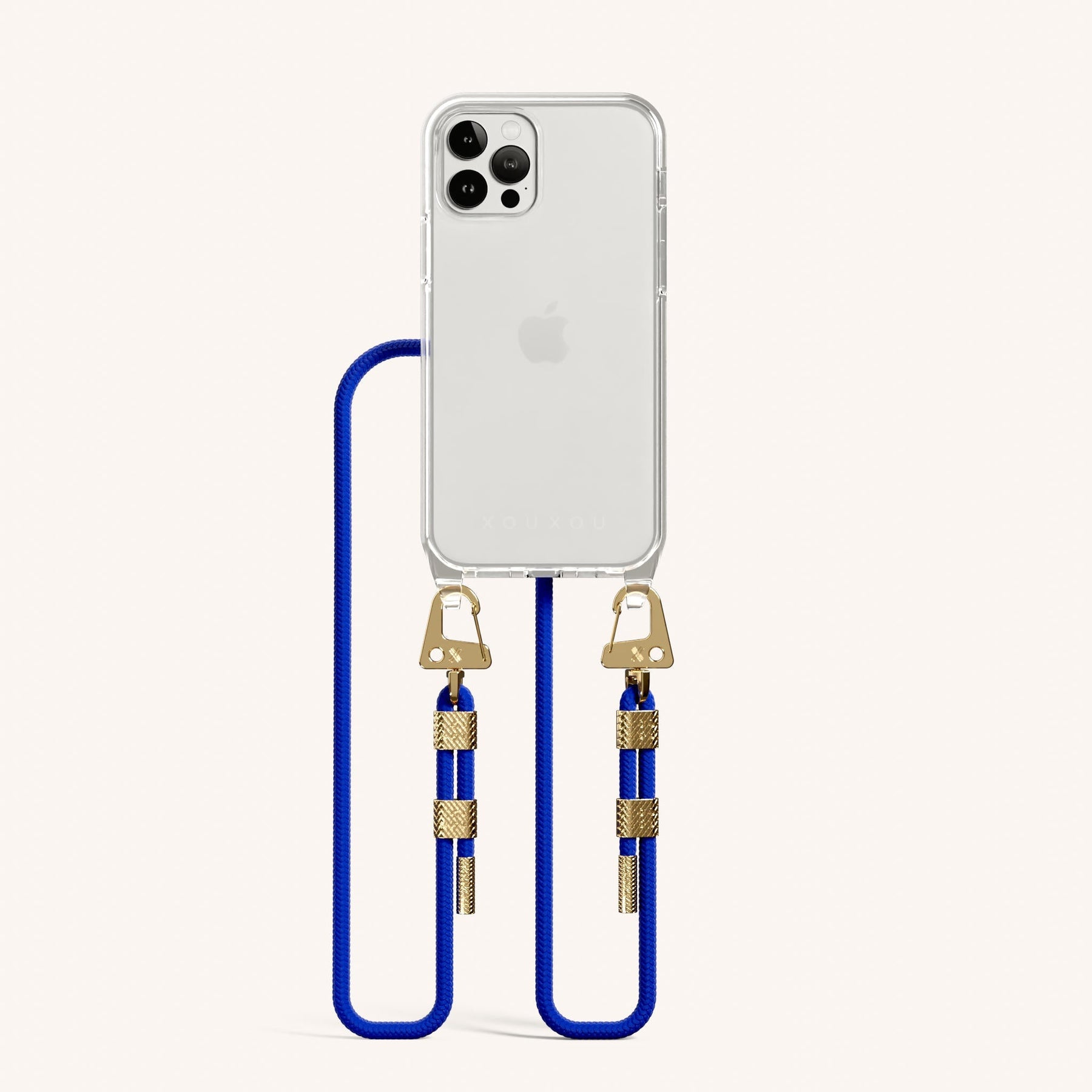 Phone Necklace with Carabiner Rope in Clear + Blue