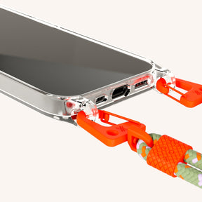 Phone Necklace with Carabiner Rope in Clear + Orange Camouflage
