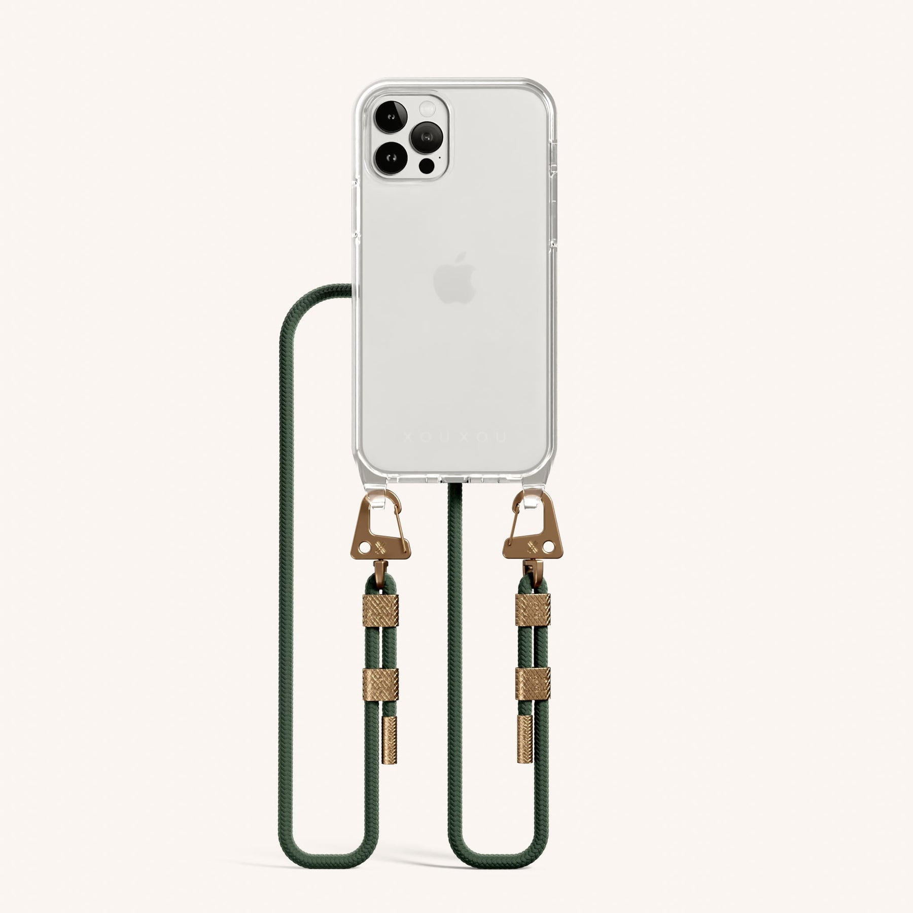 Phone Necklace with Carabiner Rope in Clear + Sage