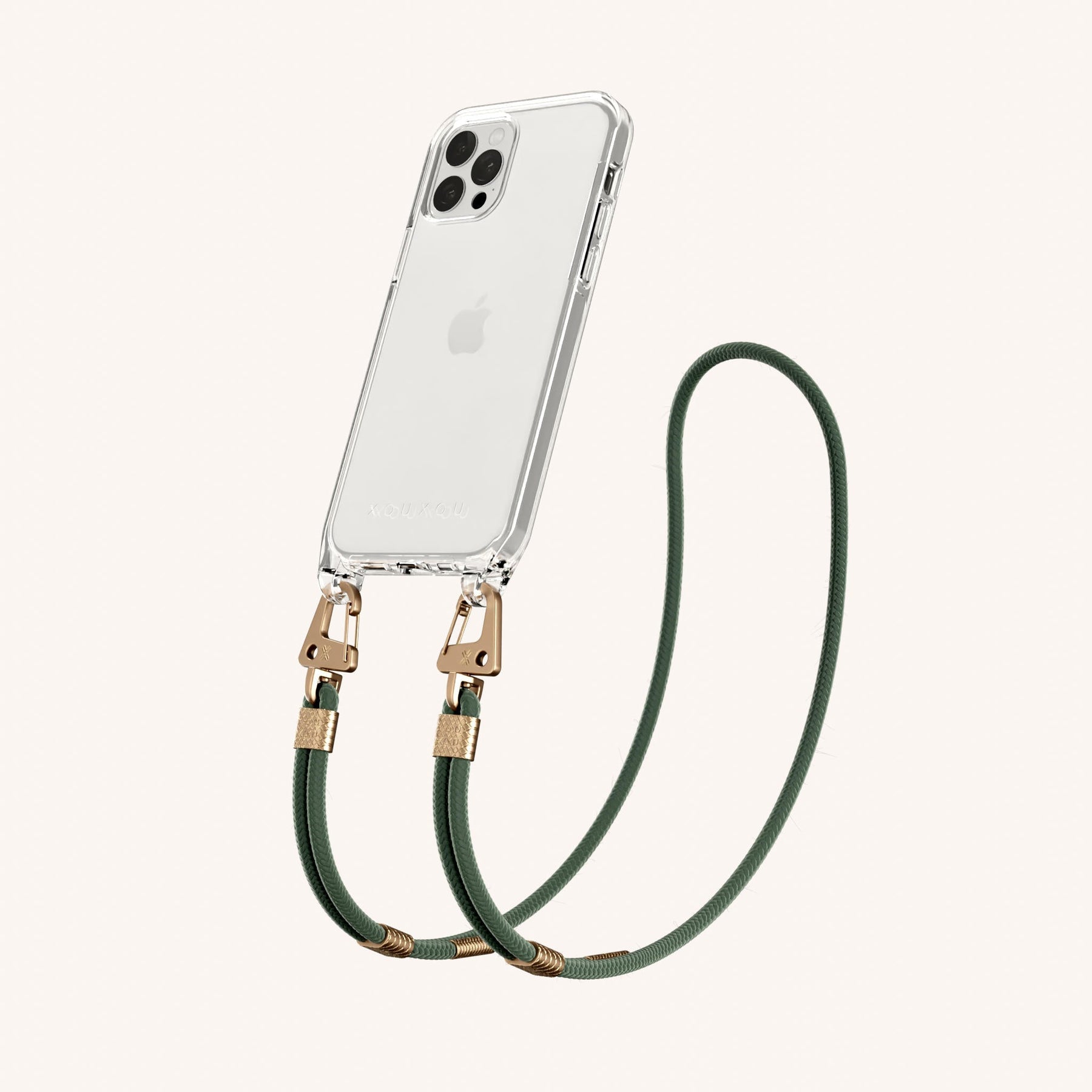 Phone Necklace with Carabiner Rope in Clear + Sage