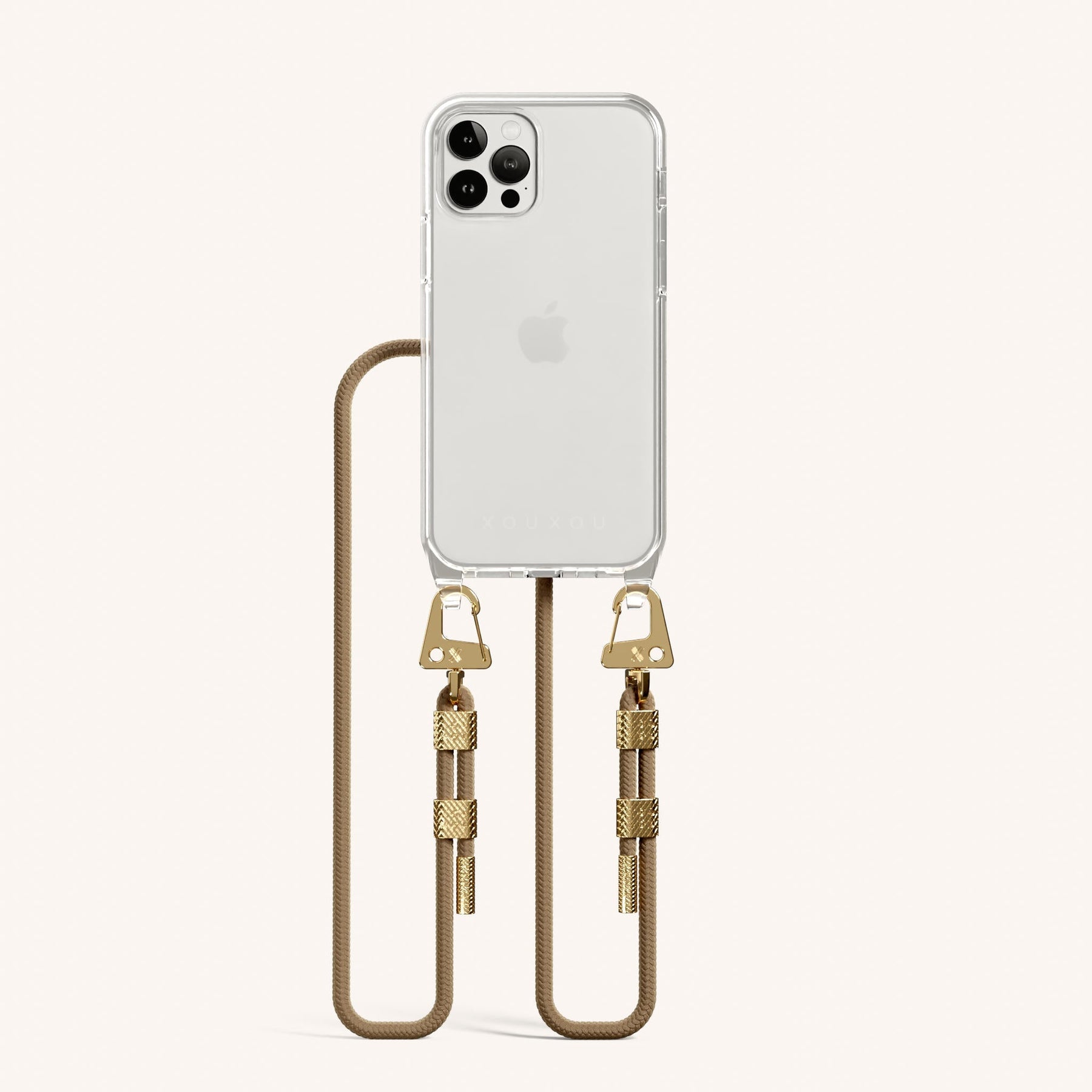 Phone Necklace with Carabiner Rope in Clear + Taupe