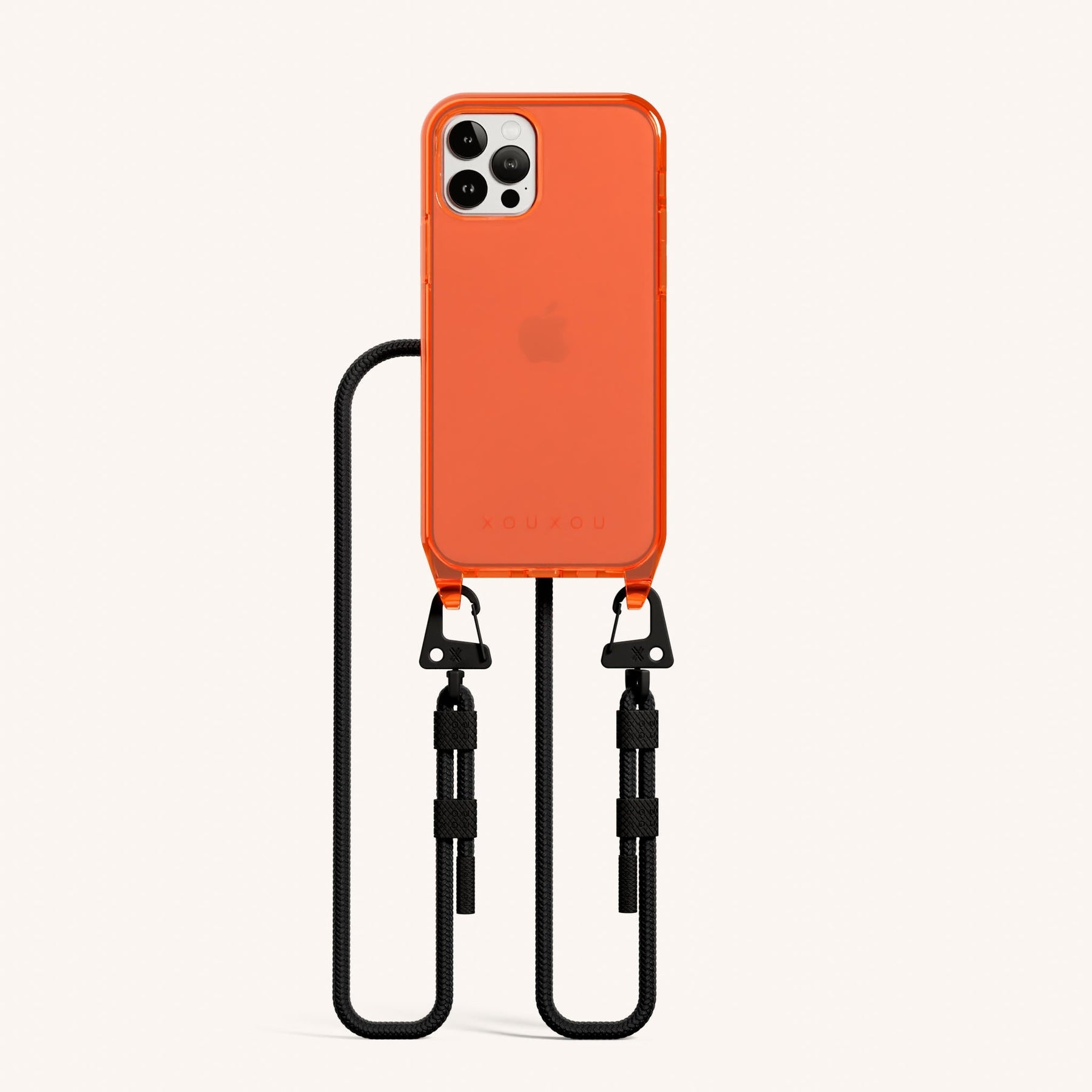 Phone Necklace with Carabiner Rope in Neon Orange Clear + Black