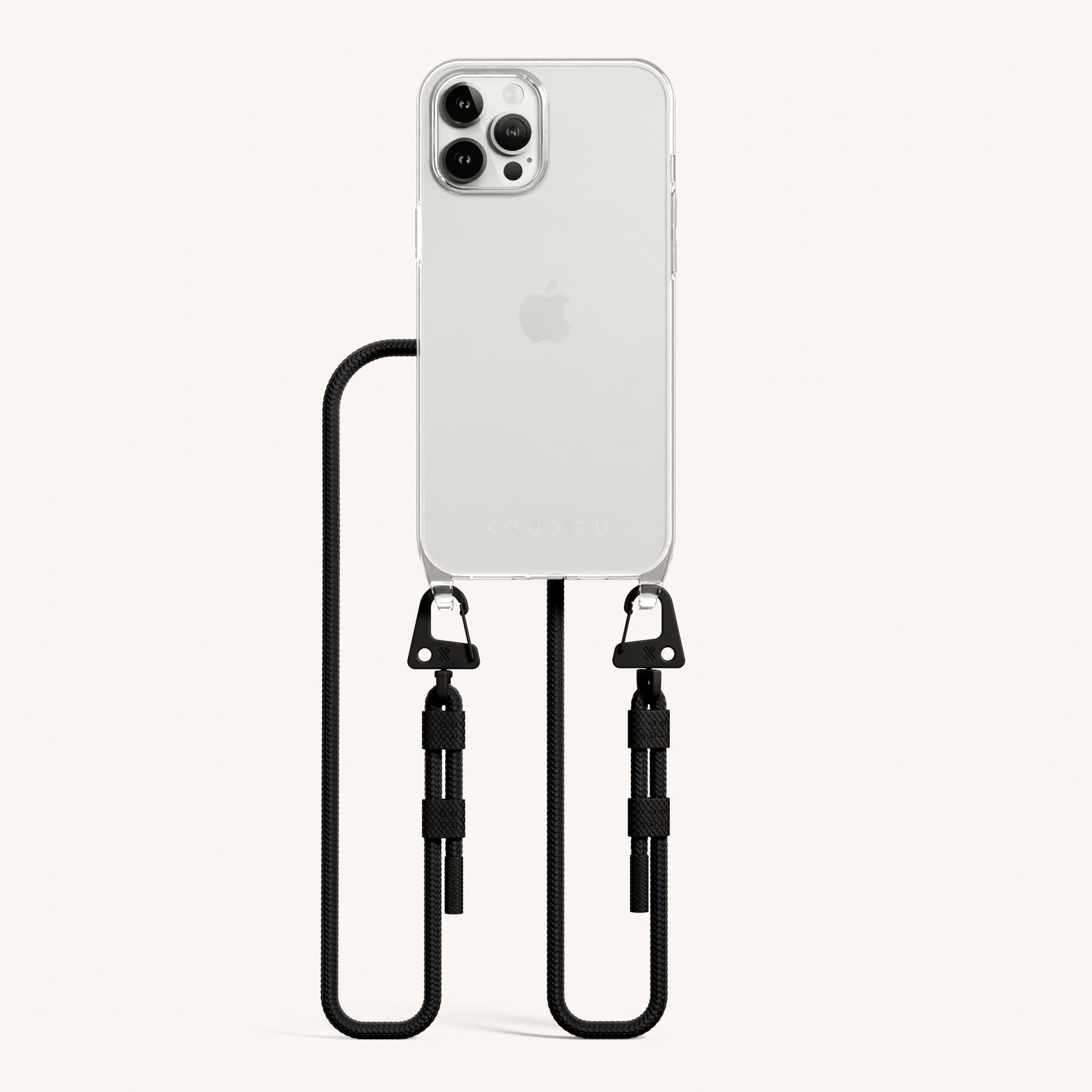 Phone Necklace with Carabiner Rope in Clear + Black