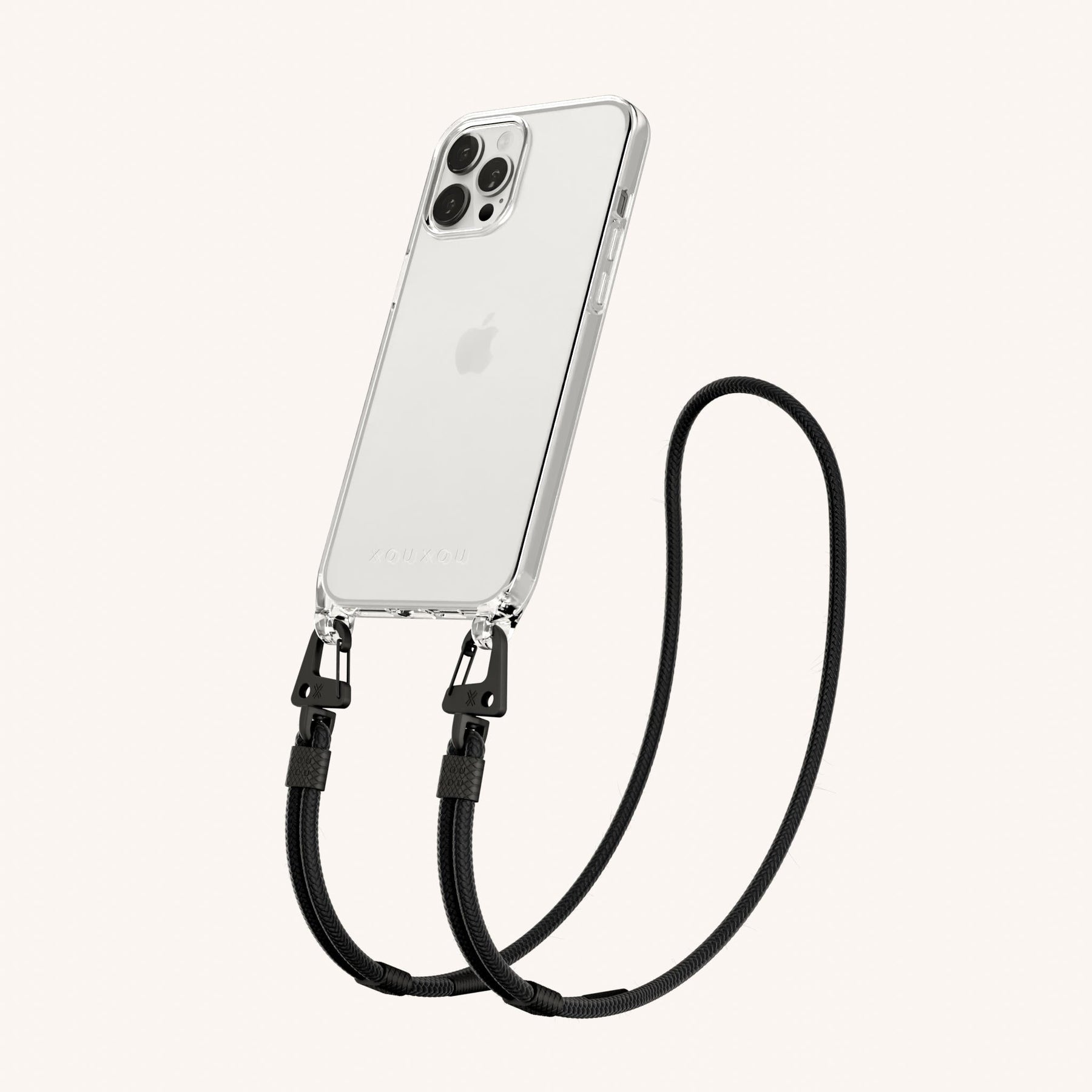 Phone Necklace with Carabiner Rope in Clear + Black