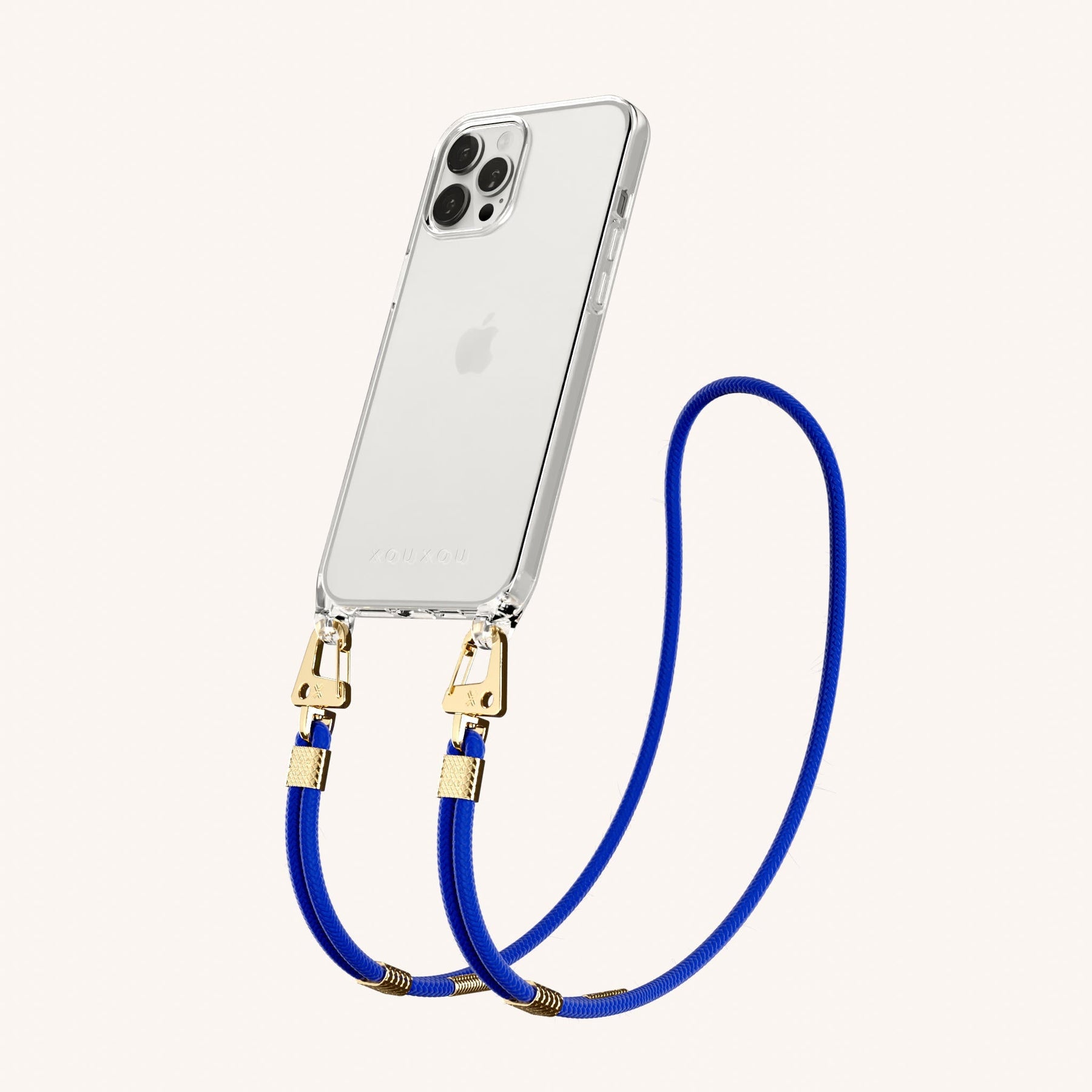 Phone Necklace with Carabiner Rope in Clear + Blue