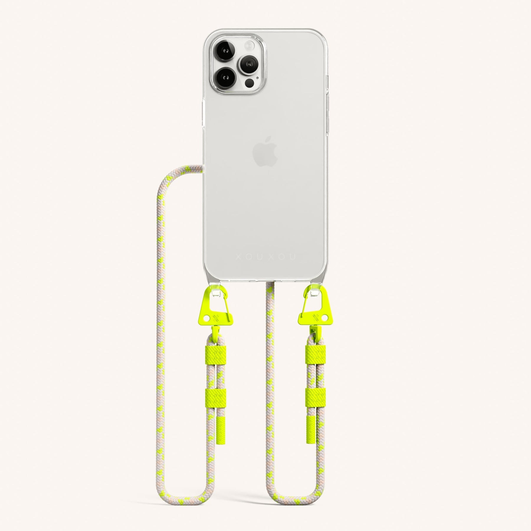 Phone Necklace with Carabiner Rope in Clear + Neon Camouflage