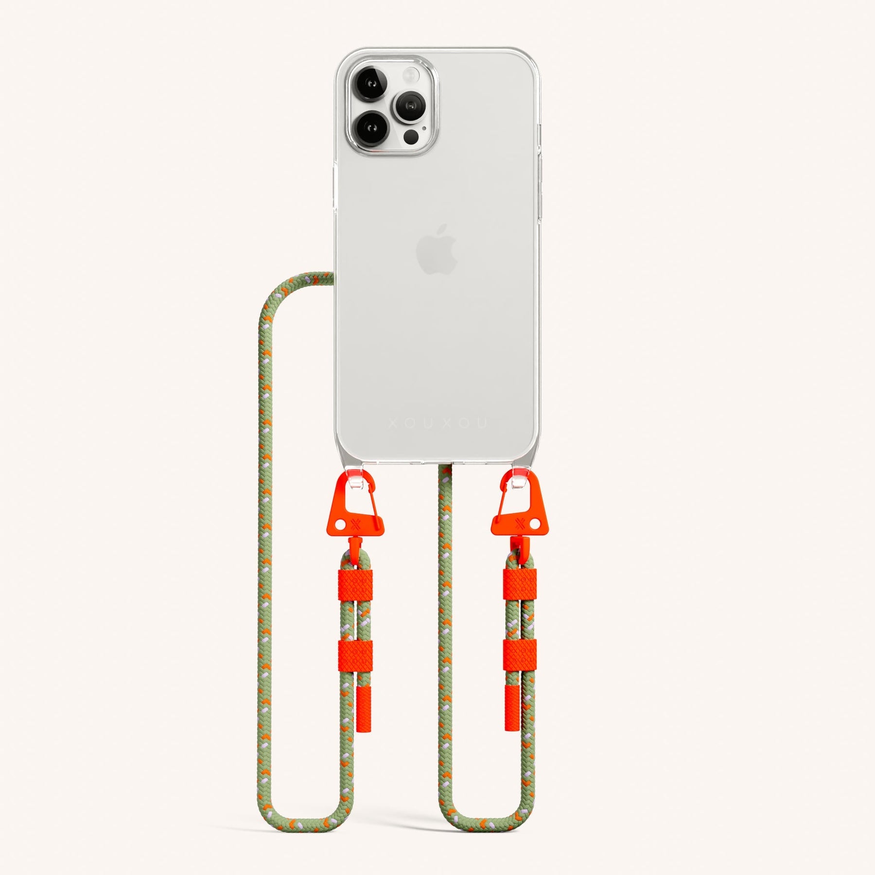 Phone Necklace with Carabiner Rope in Clear + Orange Camouflage