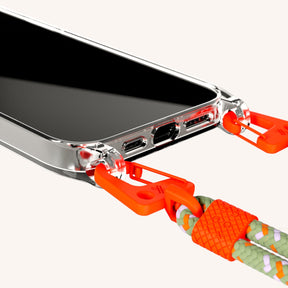 Phone Necklace with Carabiner Rope in Clear + Orange Camouflage