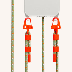 Phone Necklace with Carabiner Rope in Clear + Orange Camouflage