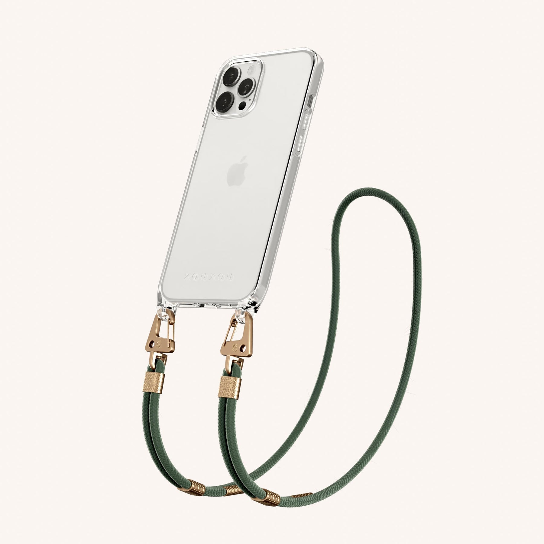 Phone Necklace with Carabiner Rope in Clear + Sage