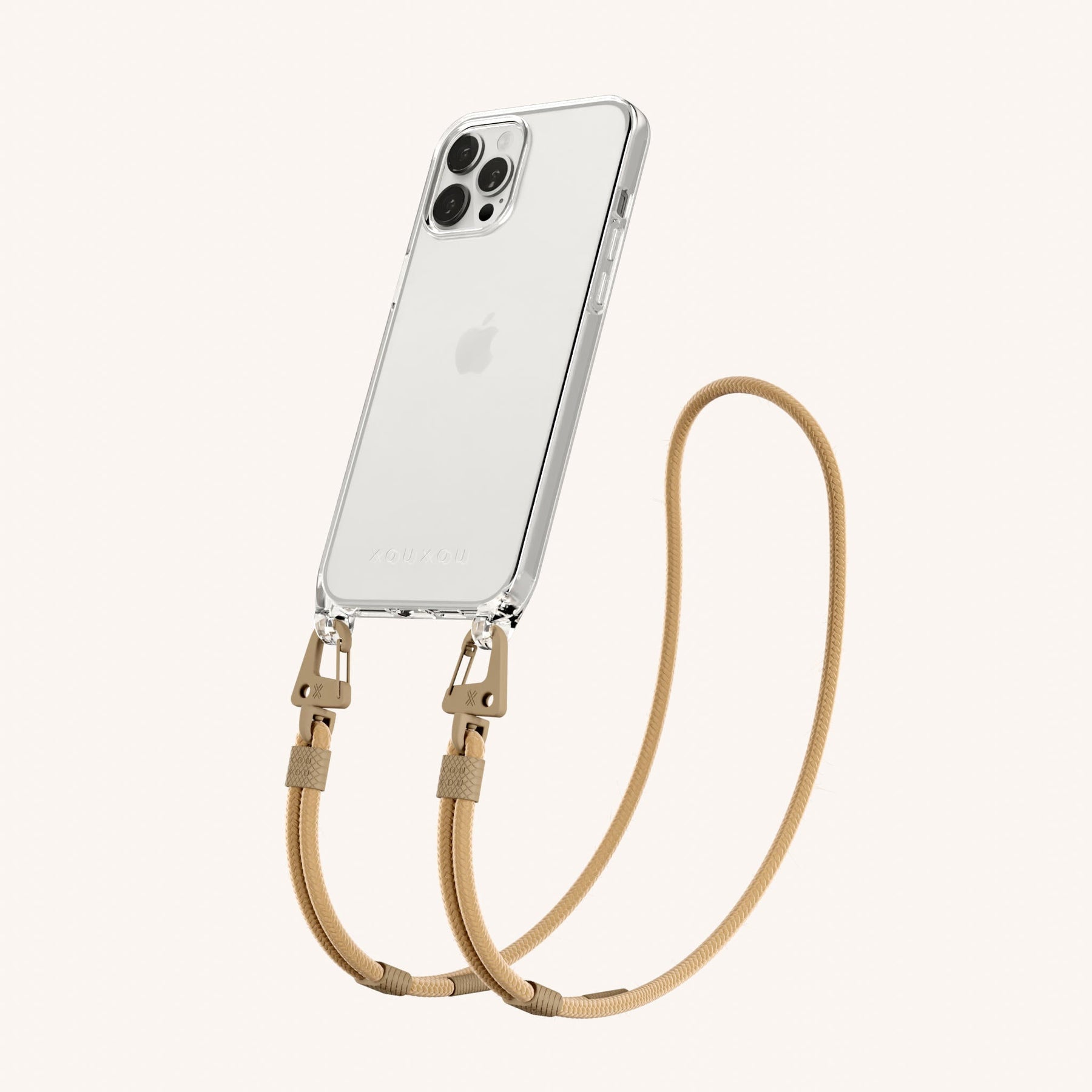 Phone Necklace with Carabiner Rope in Clear + Sand