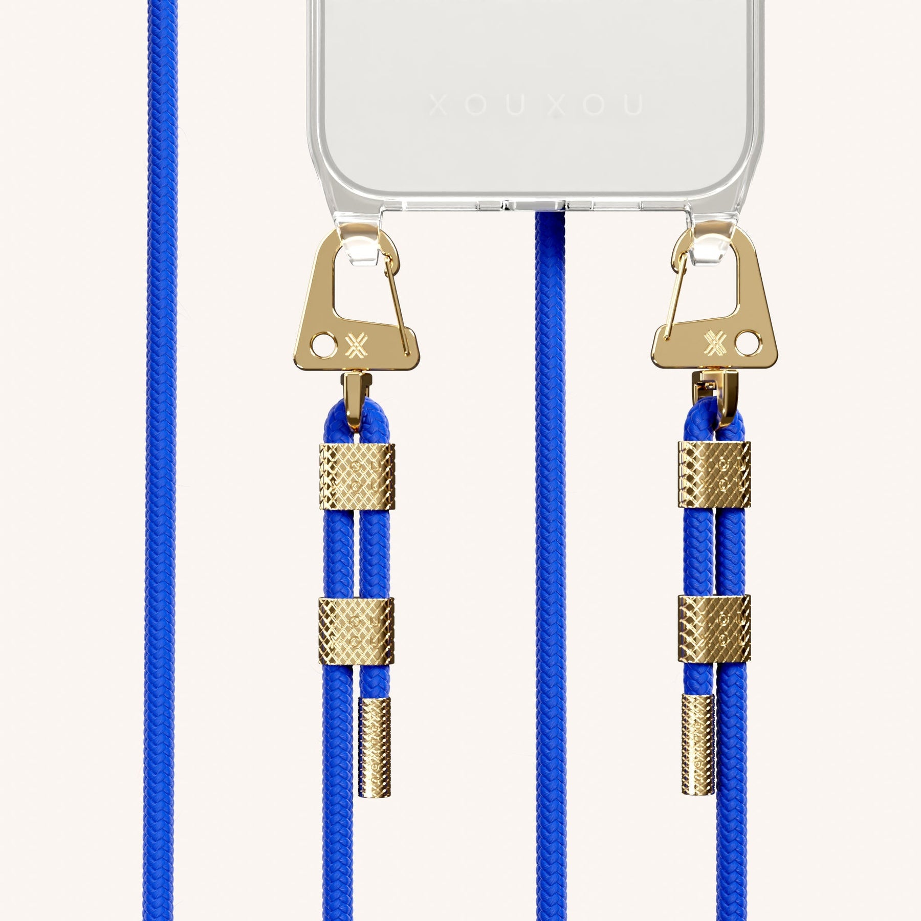 Phone Necklace with Carabiner Rope in Clear + Blue