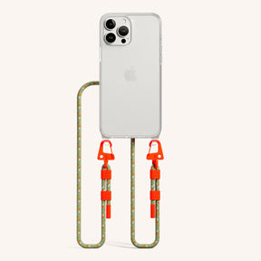 Phone Necklace with Carabiner Rope in Clear + Orange Camouflage