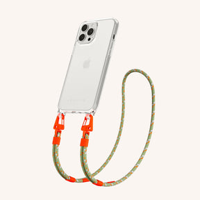 Phone Necklace with Carabiner Rope in Clear + Orange Camouflage
