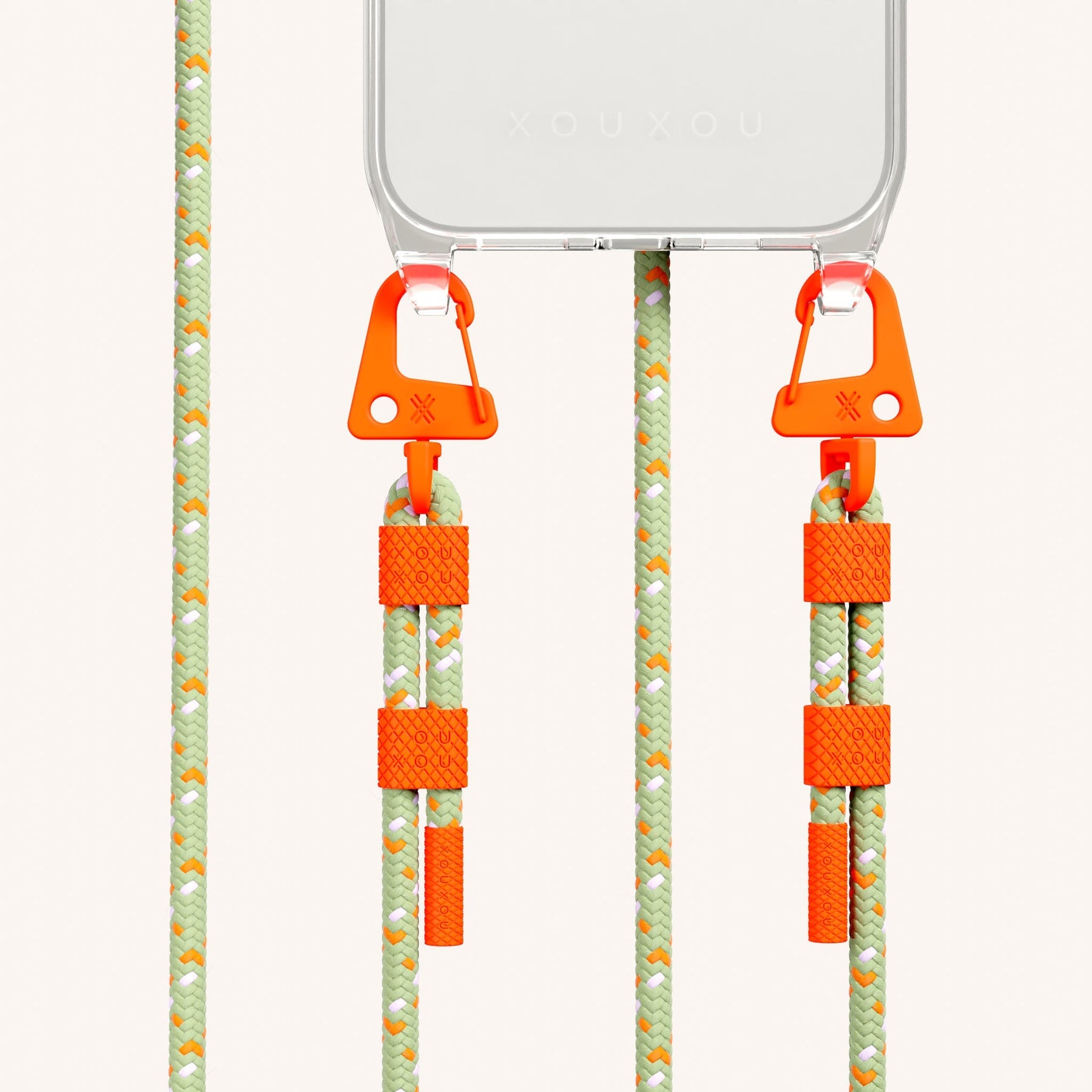 Phone Necklace with Carabiner Rope in Clear + Orange Camouflage