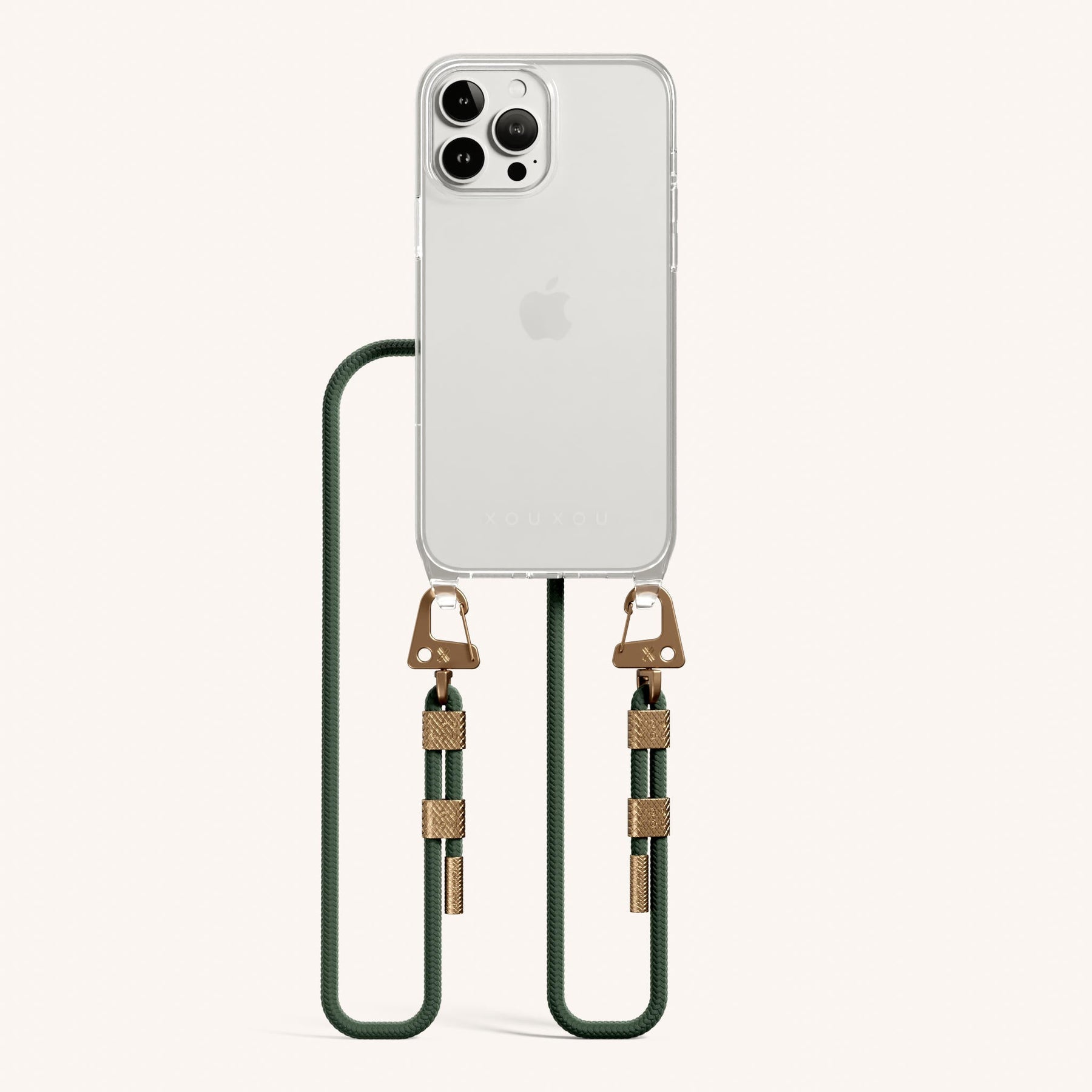 Phone Necklace with Carabiner Rope in Clear + Sage