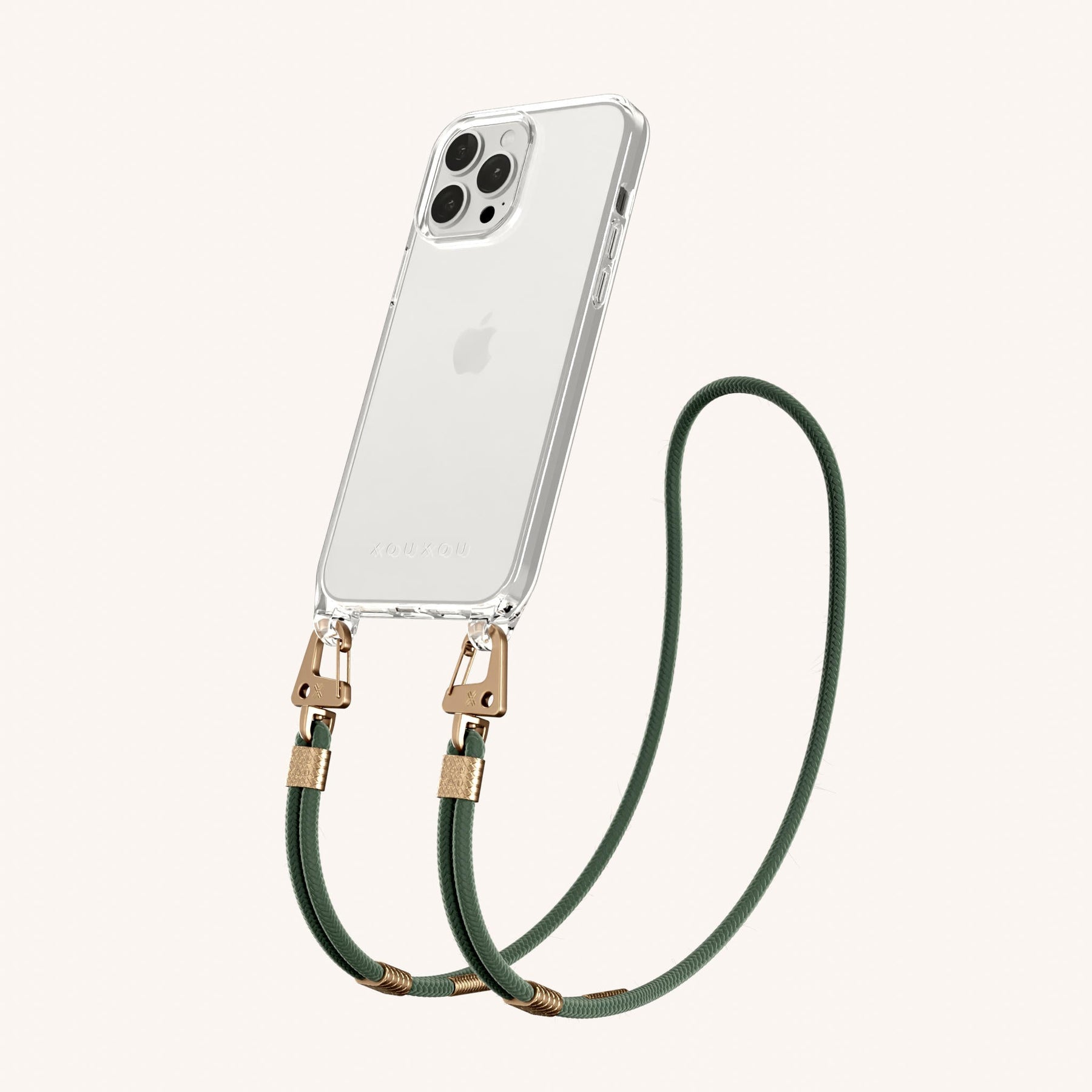 Phone Necklace with Carabiner Rope in Clear + Sage