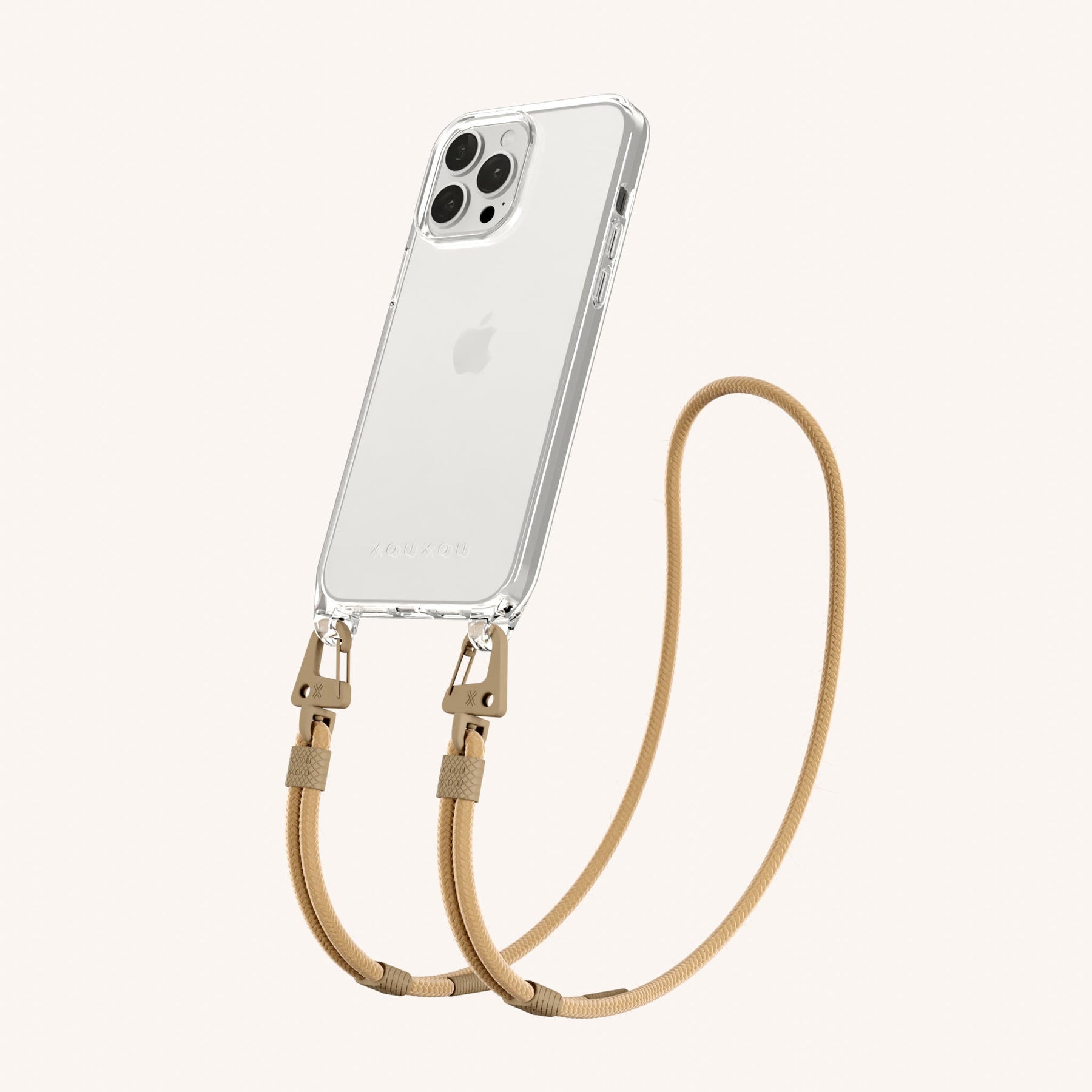 Phone Necklace with Carabiner Rope in Clear + Sand