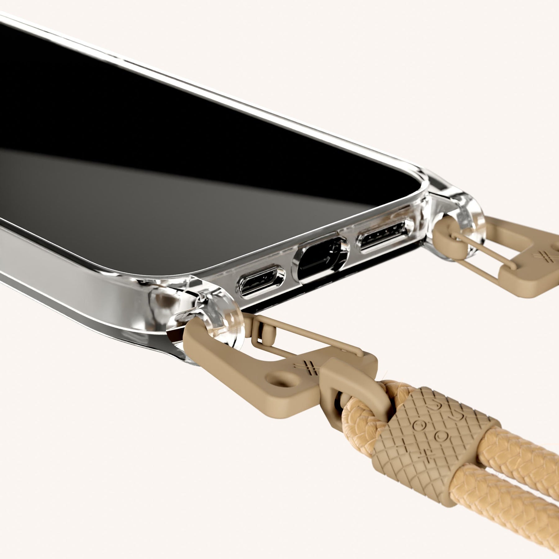 Phone Necklace with Carabiner Rope in Clear + Sand