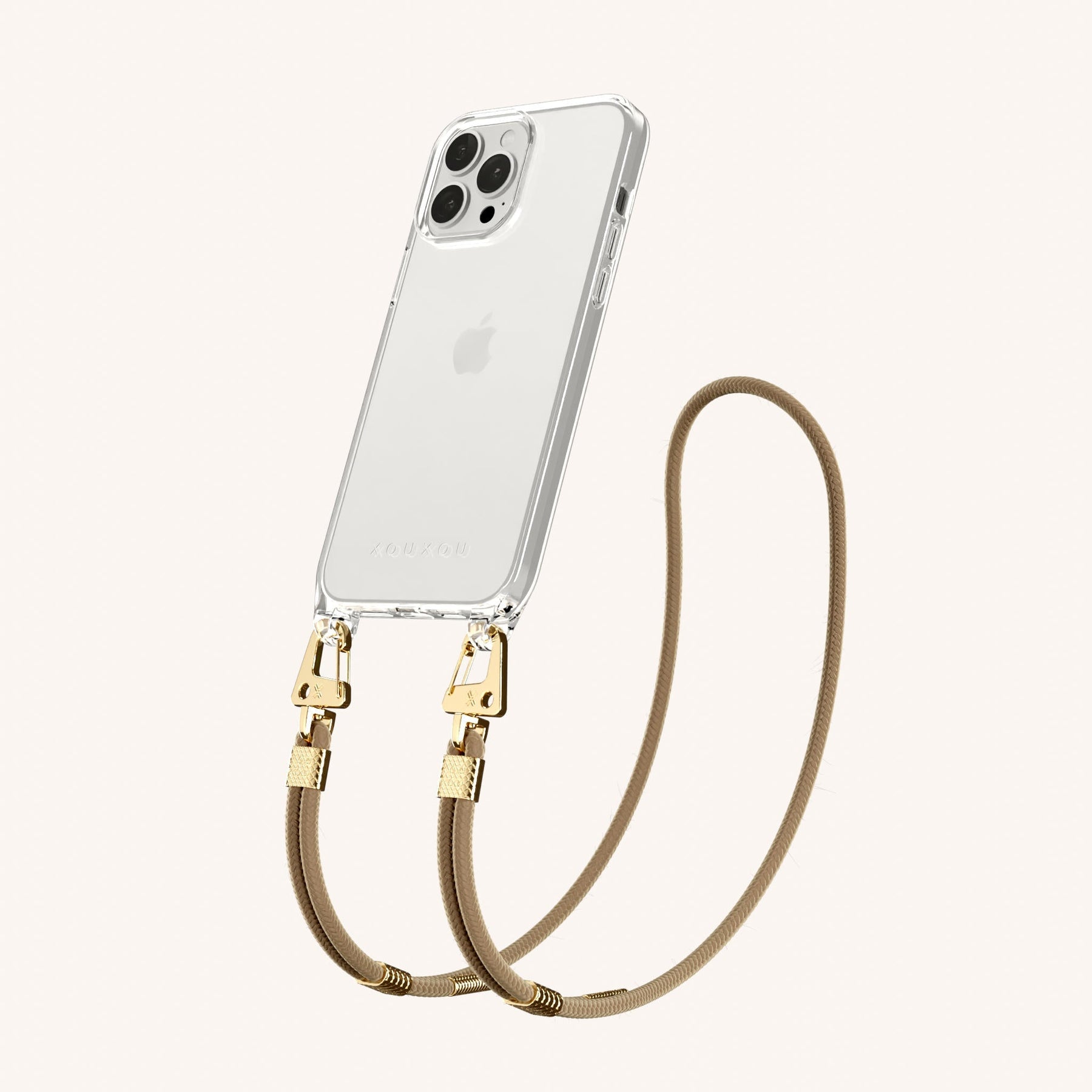 Phone Necklace with Carabiner Rope in Clear + Taupe