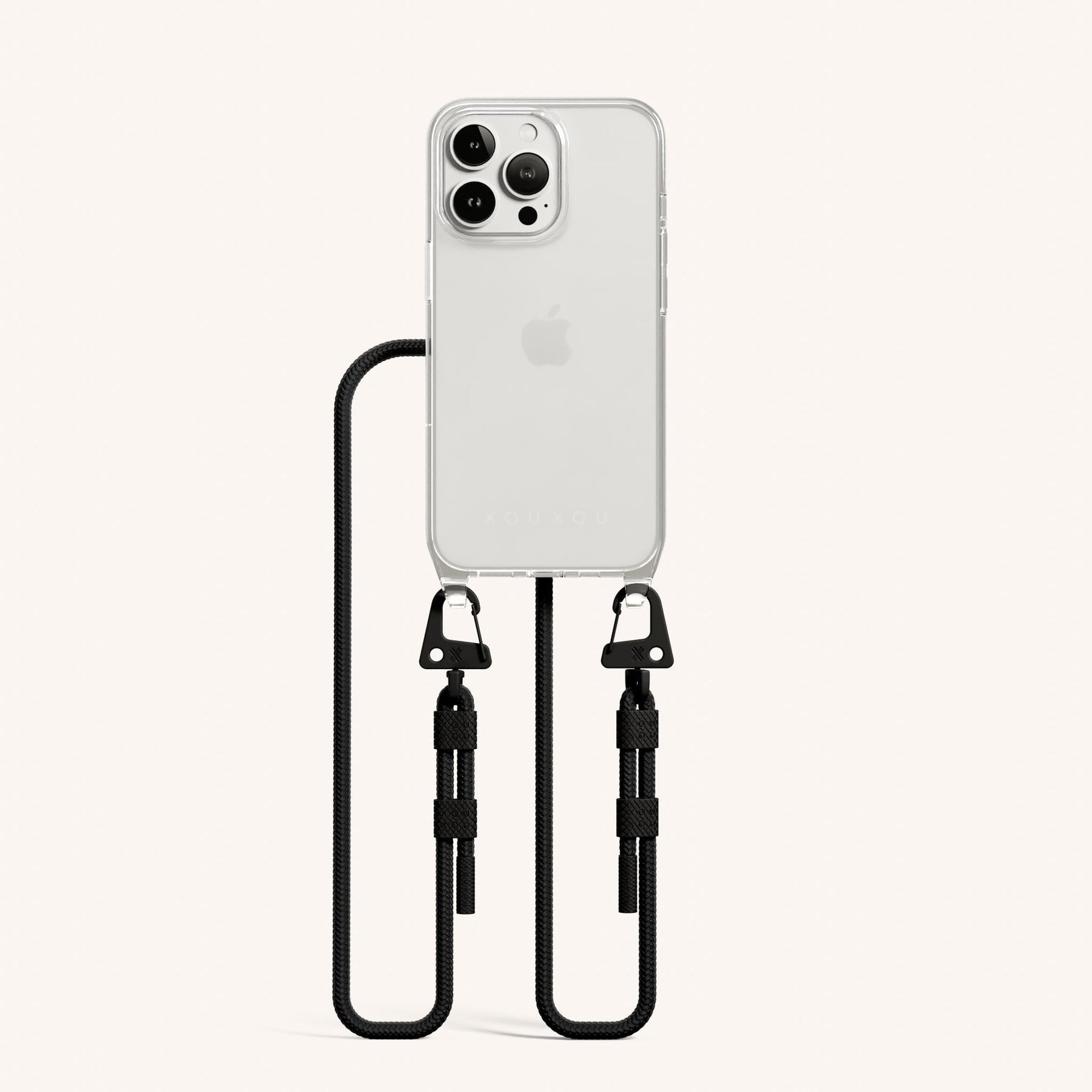 Phone Necklace with Carabiner Rope in Clear + Black