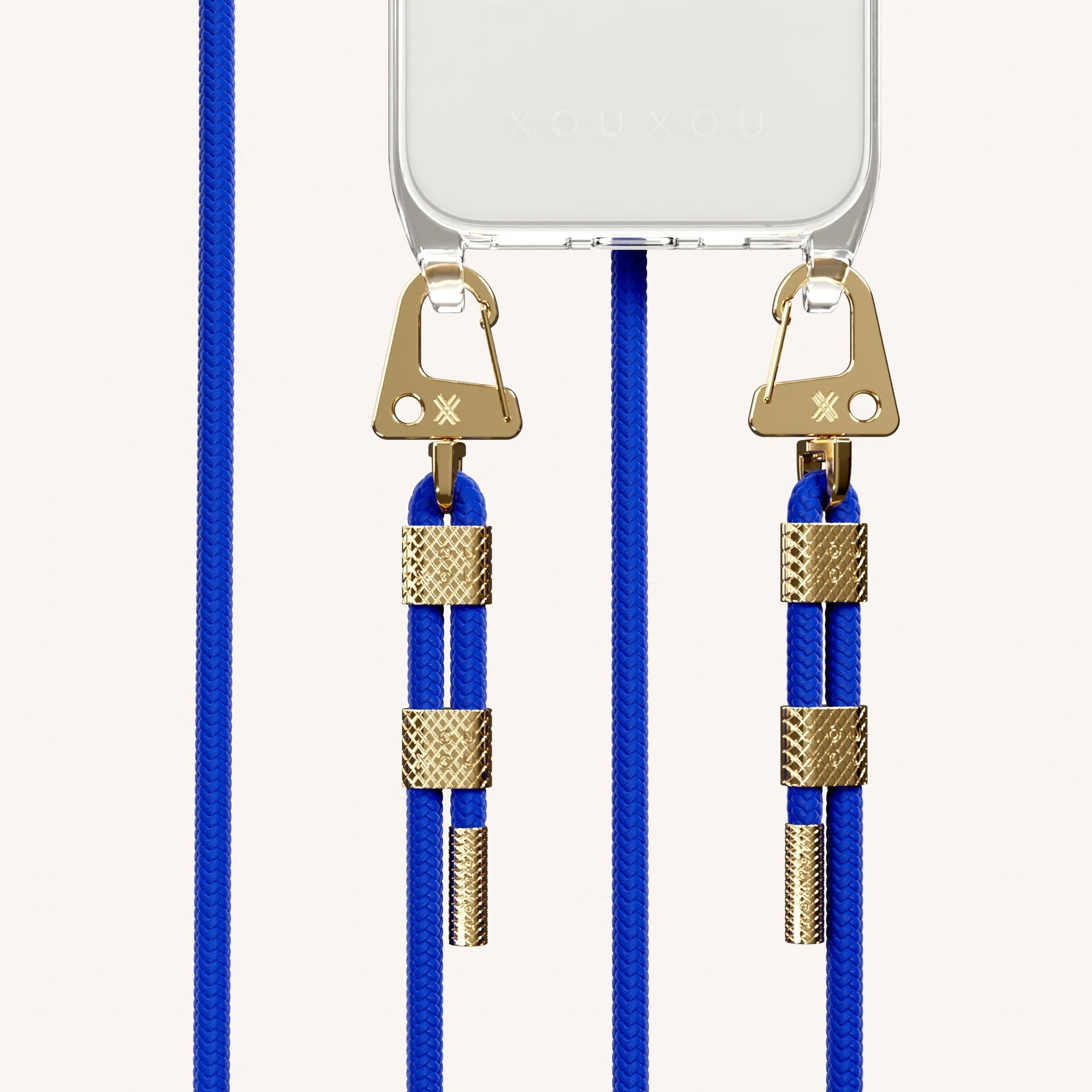 Phone Necklace with Carabiner Rope in Clear + Blue