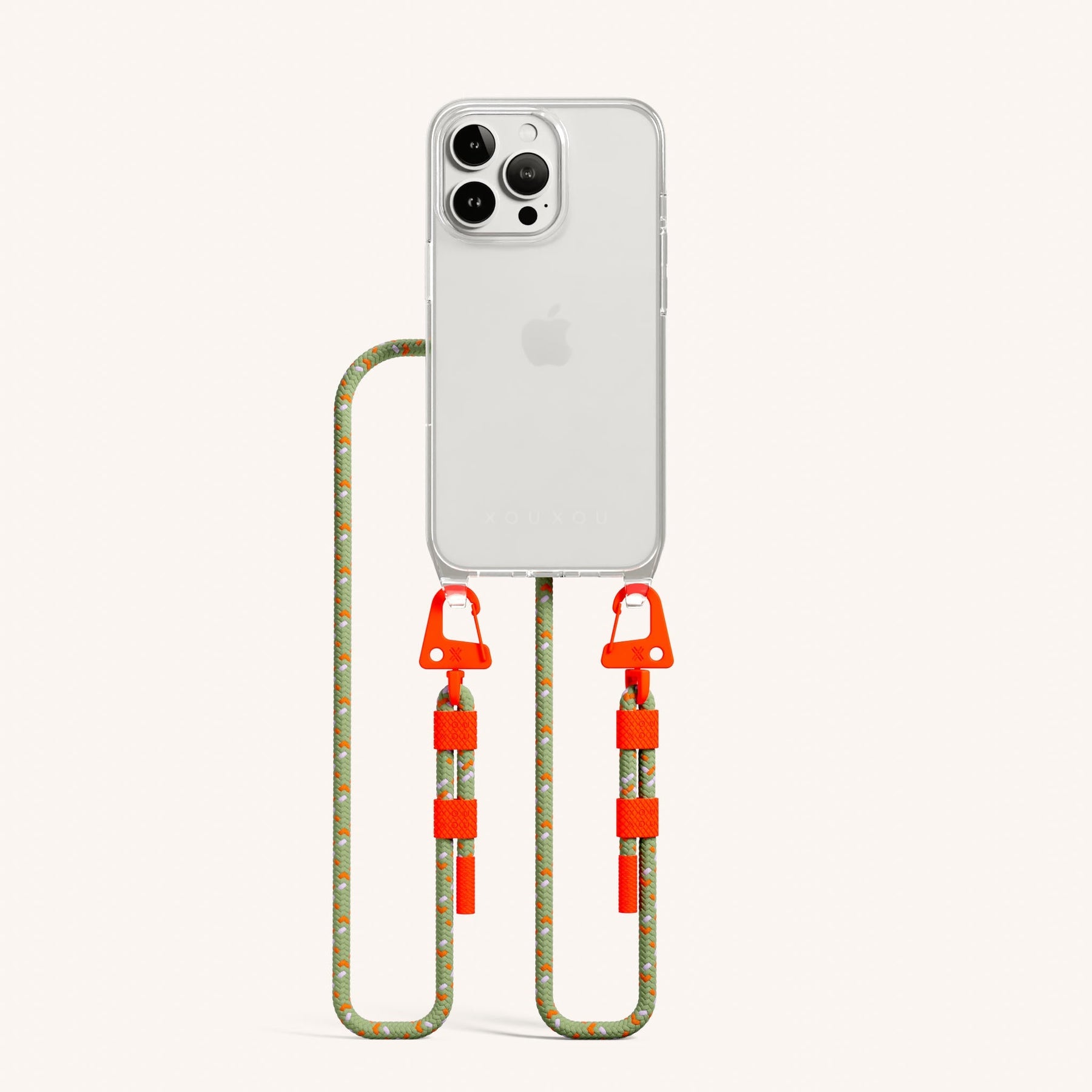 Phone Necklace with Carabiner Rope in Clear + Orange Camouflage