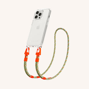 Phone Necklace with Carabiner Rope in Clear + Orange Camouflage