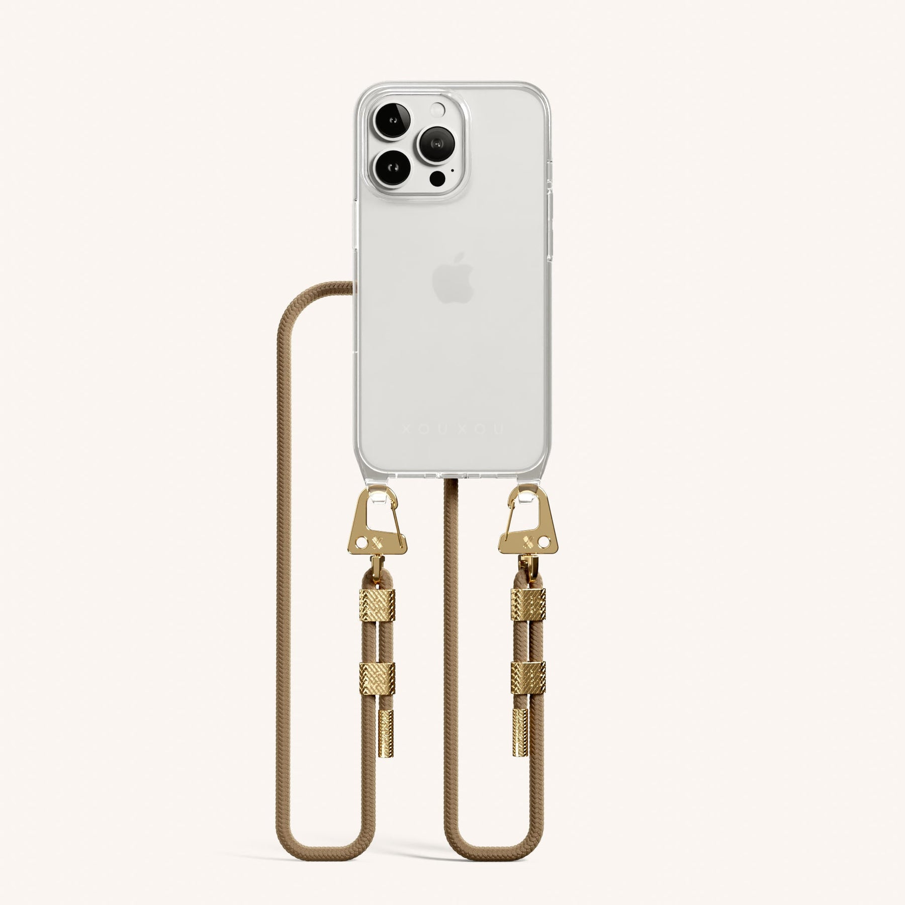 Phone Necklace with Carabiner Rope in Clear + Taupe