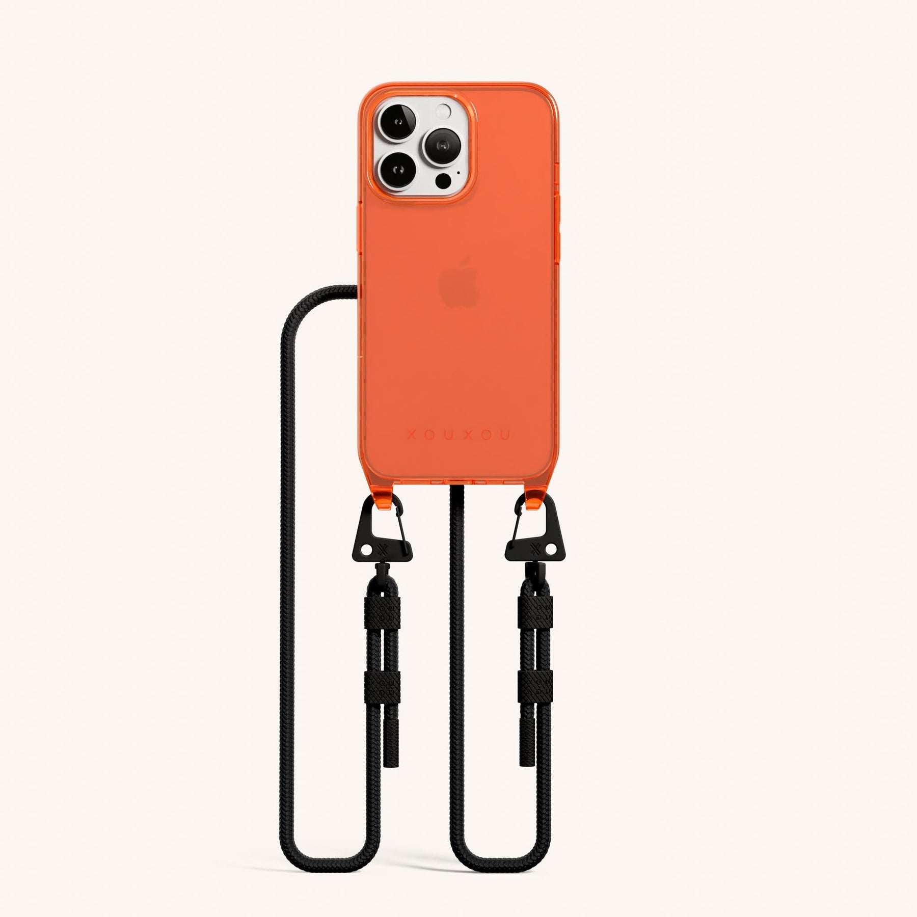 Phone Necklace with Carabiner Rope in Neon Orange Clear + Black