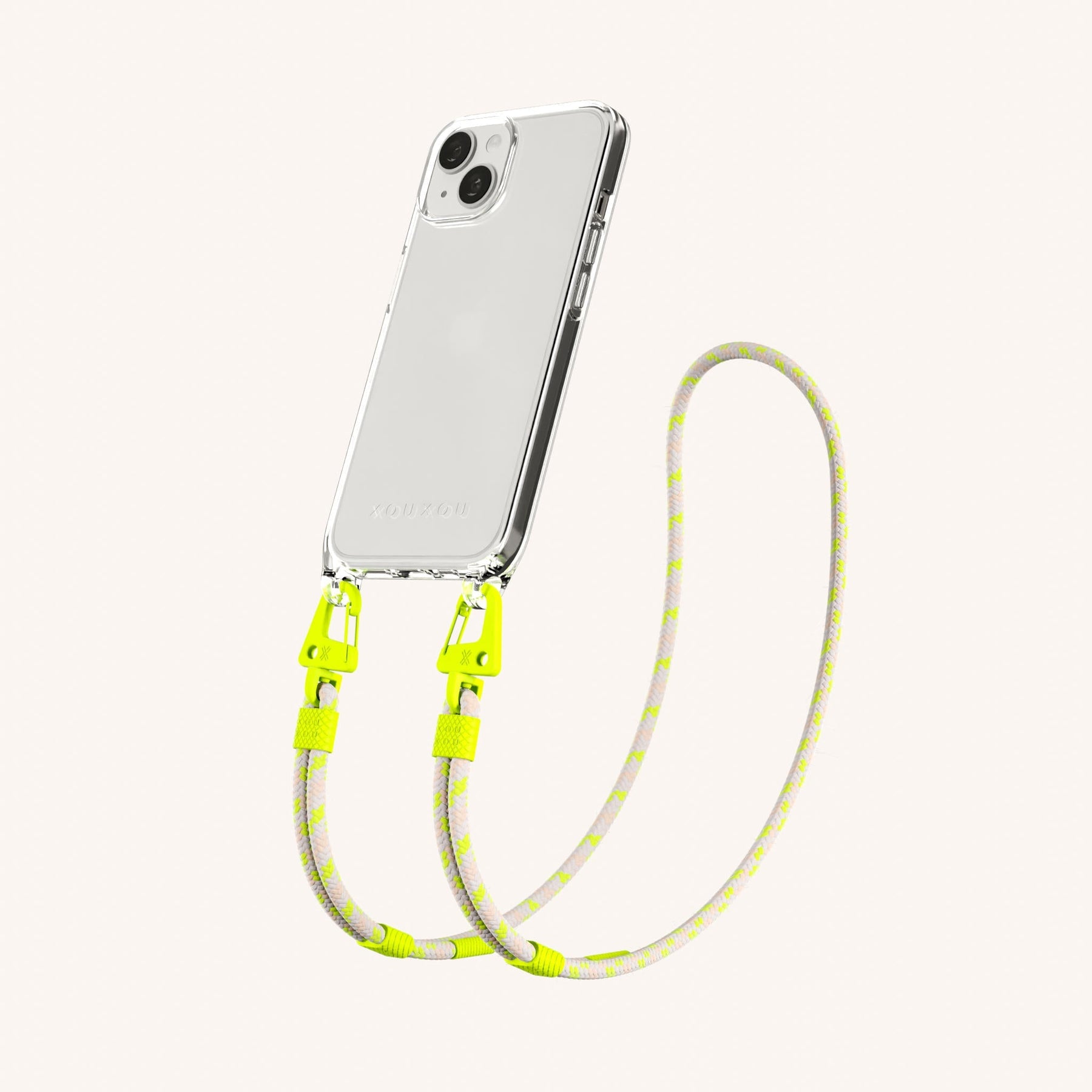 Phone Necklace with Carabiner Rope in Clear + Neon Camouflage