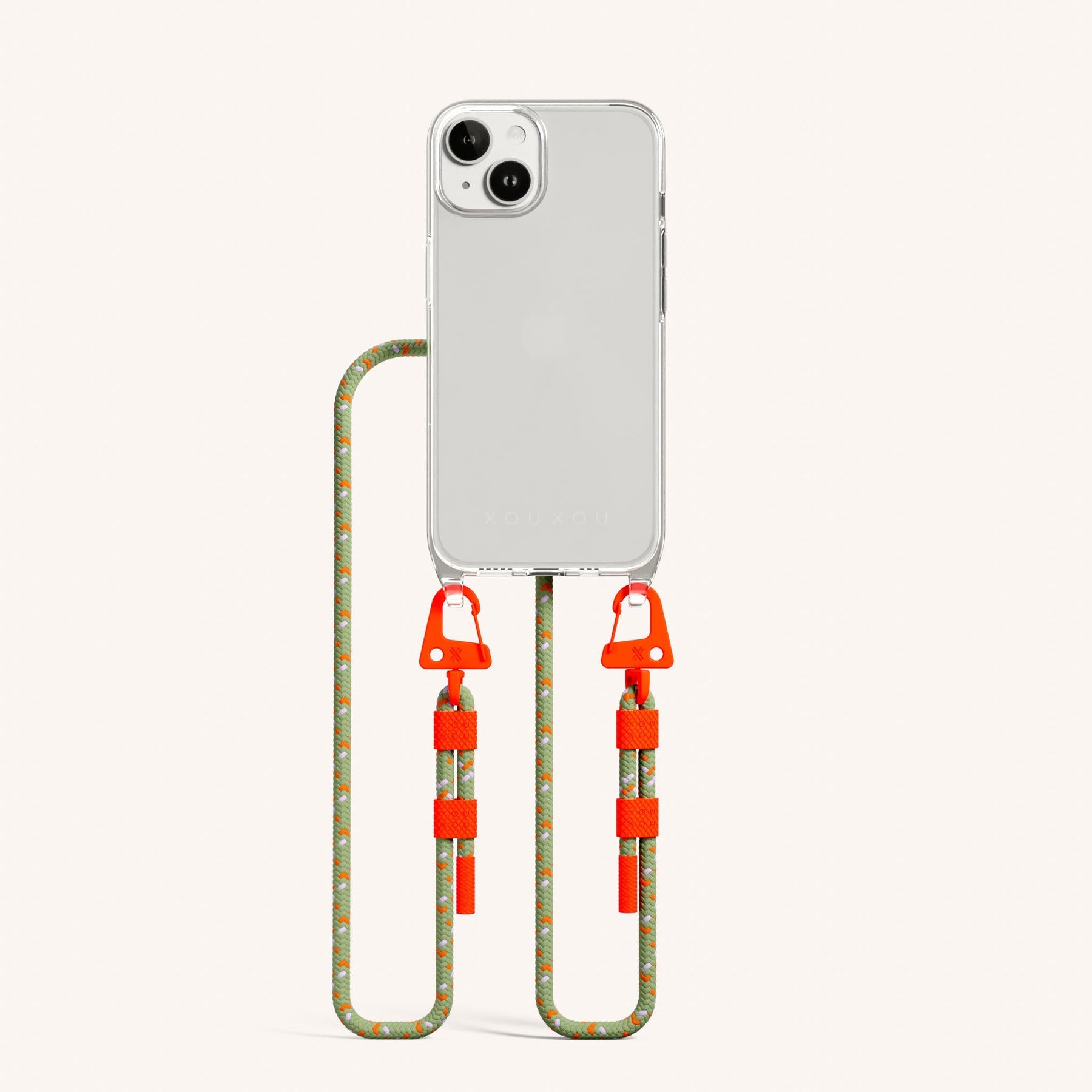 Phone Necklace with Carabiner Rope in Clear + Orange Camouflage