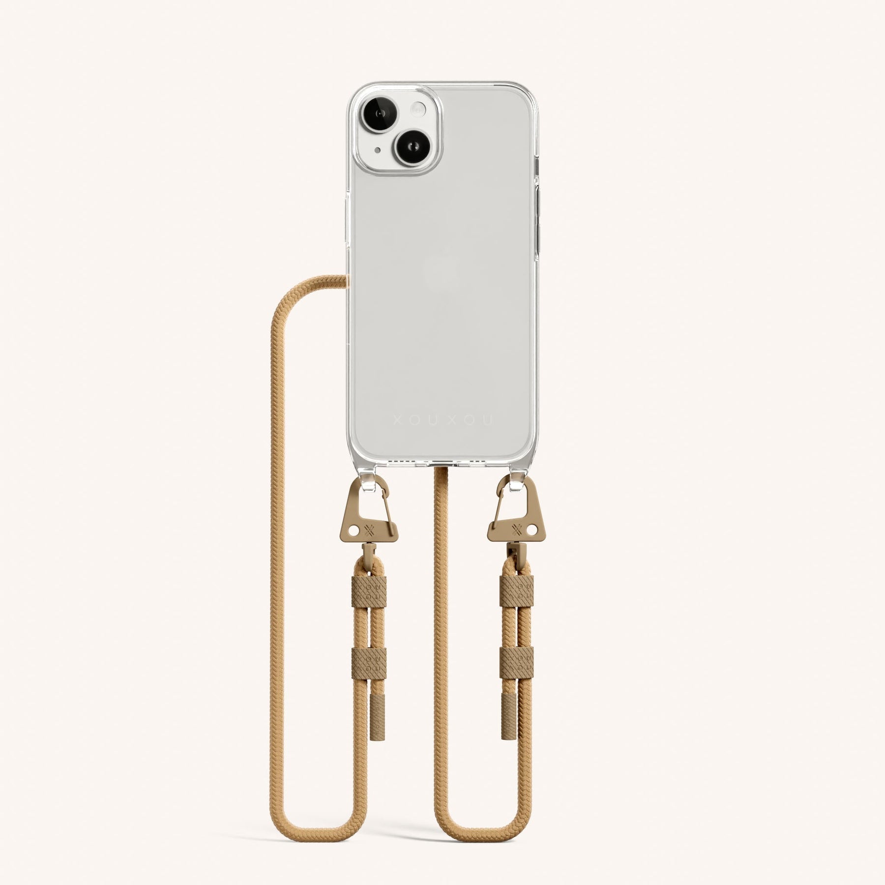 Phone Necklace with Carabiner Rope in Clear + Sand