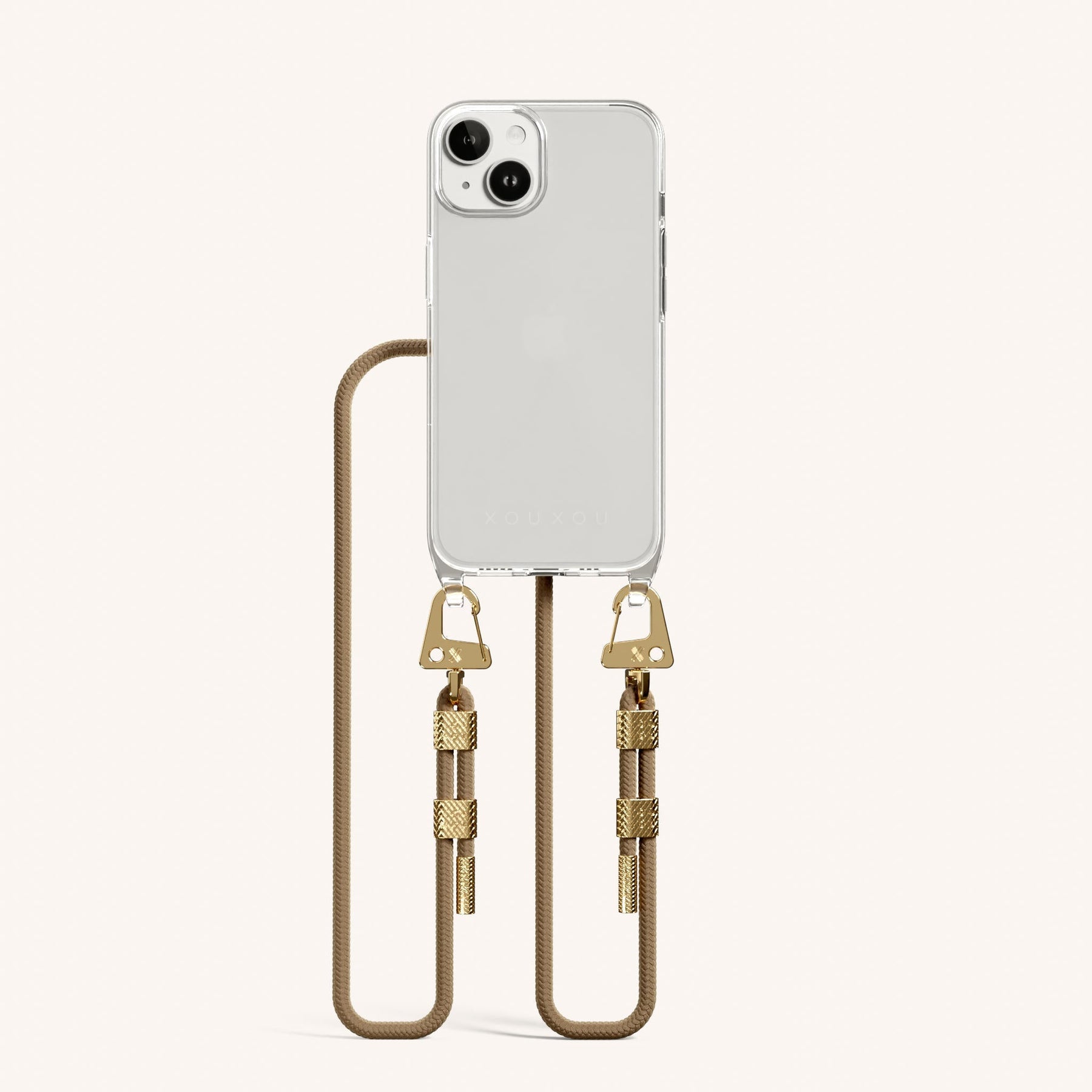 Phone Necklace with Carabiner Rope in Clear + Taupe