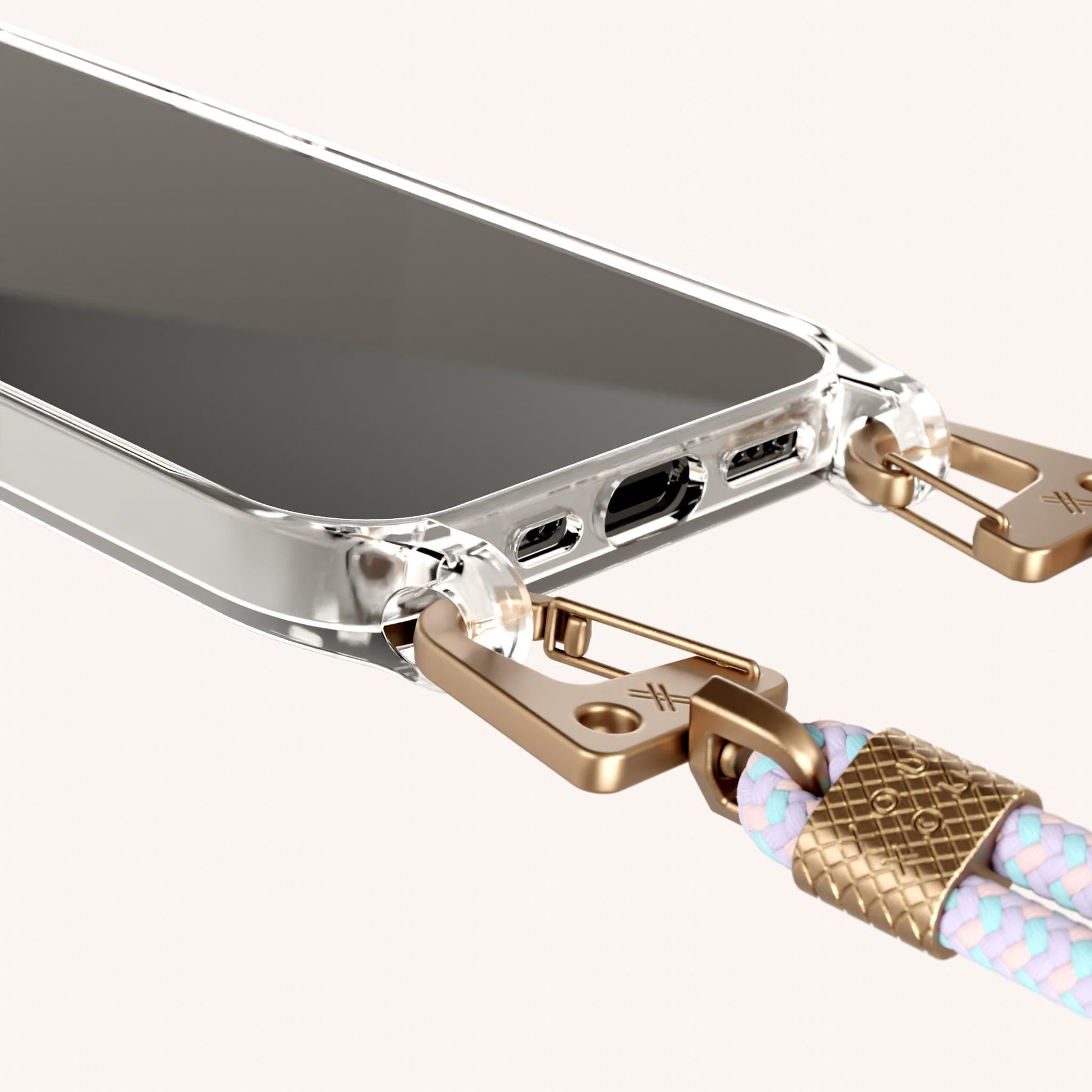 Phone Necklace with Carabiner Rope in Clear + Vibrant Pastel