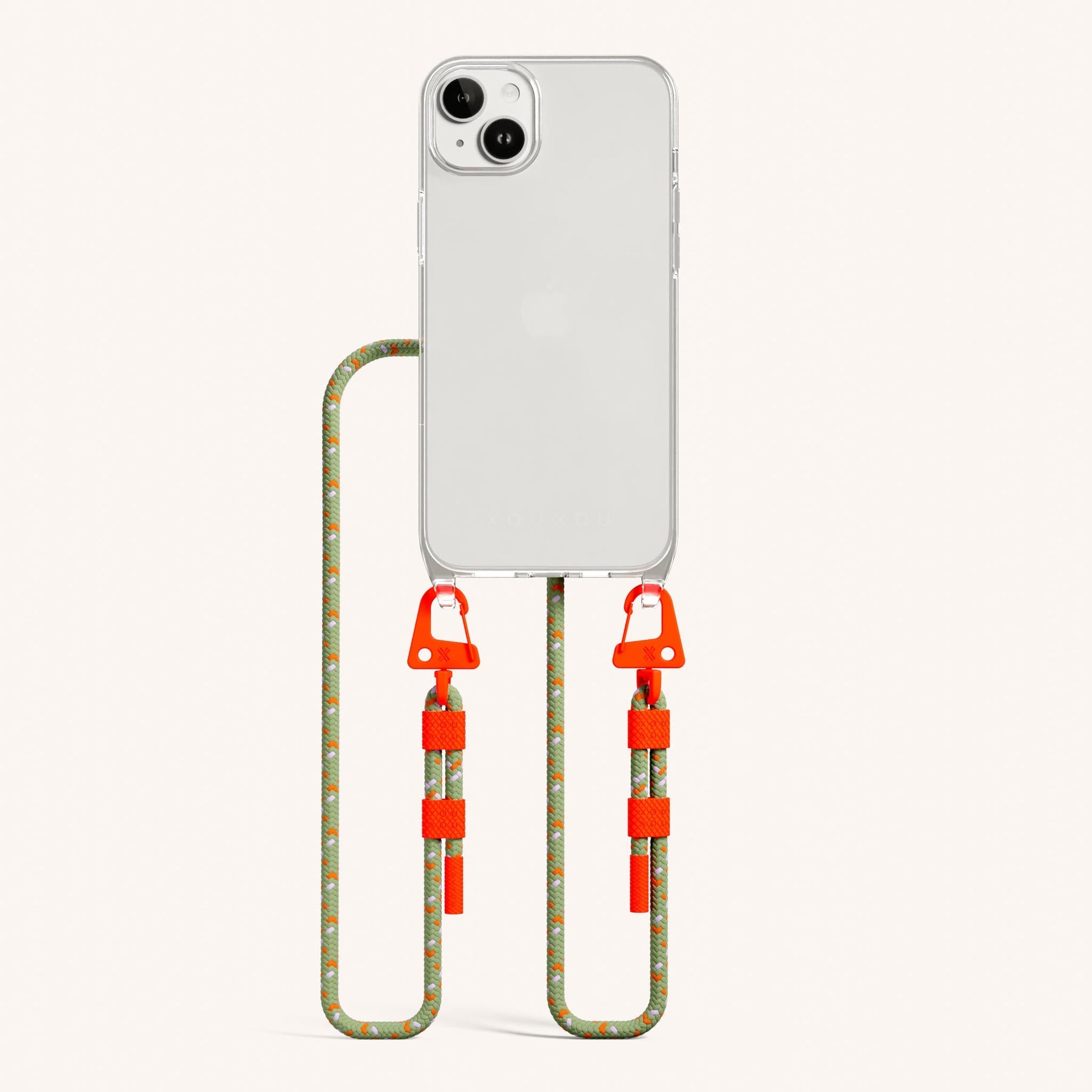 Phone Necklace with Carabiner Rope in Clear + Orange Camouflage