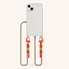 Phone Necklace with Carabiner Rope in Clear + Orange Camouflage