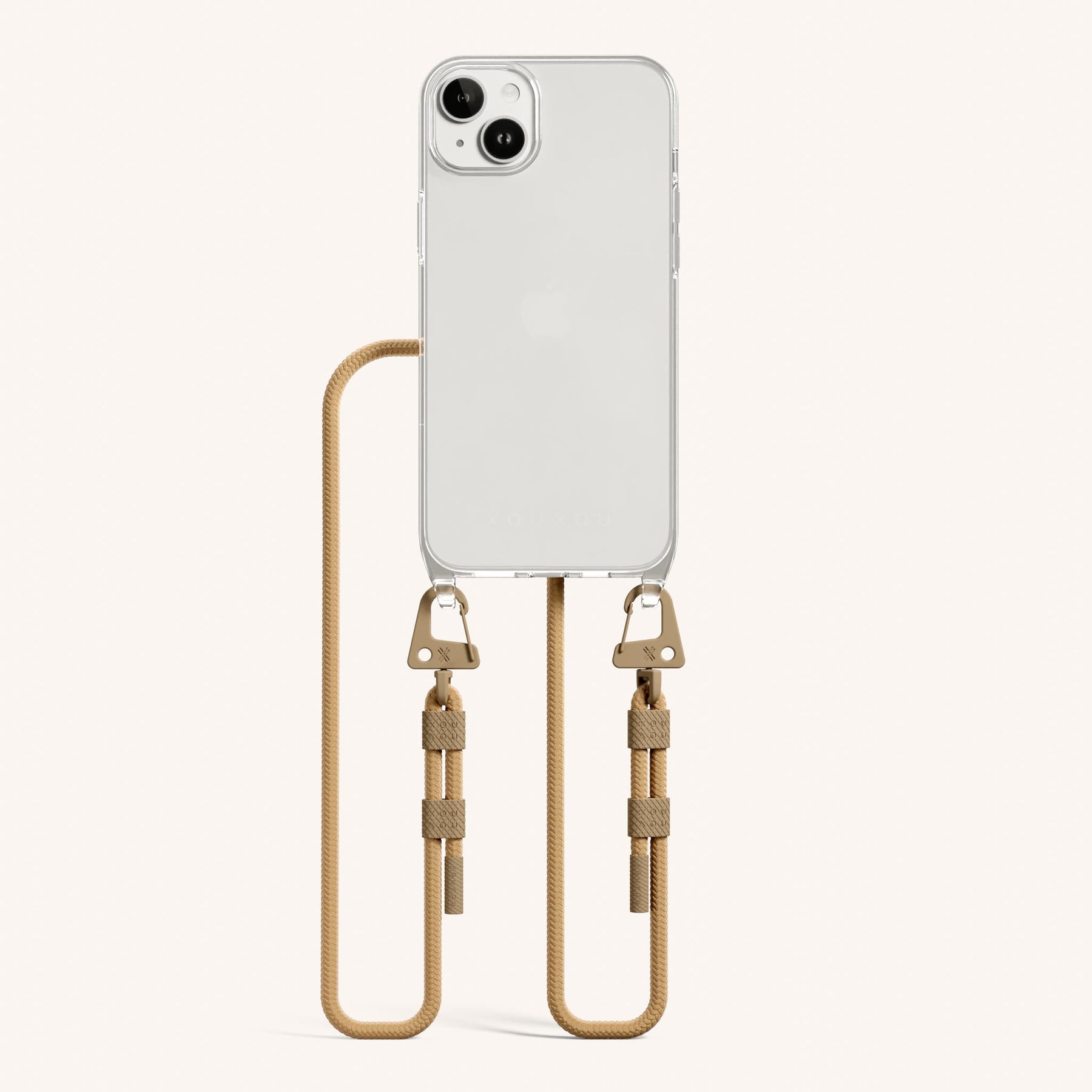 Phone Necklace with Carabiner Rope in Clear + Sand